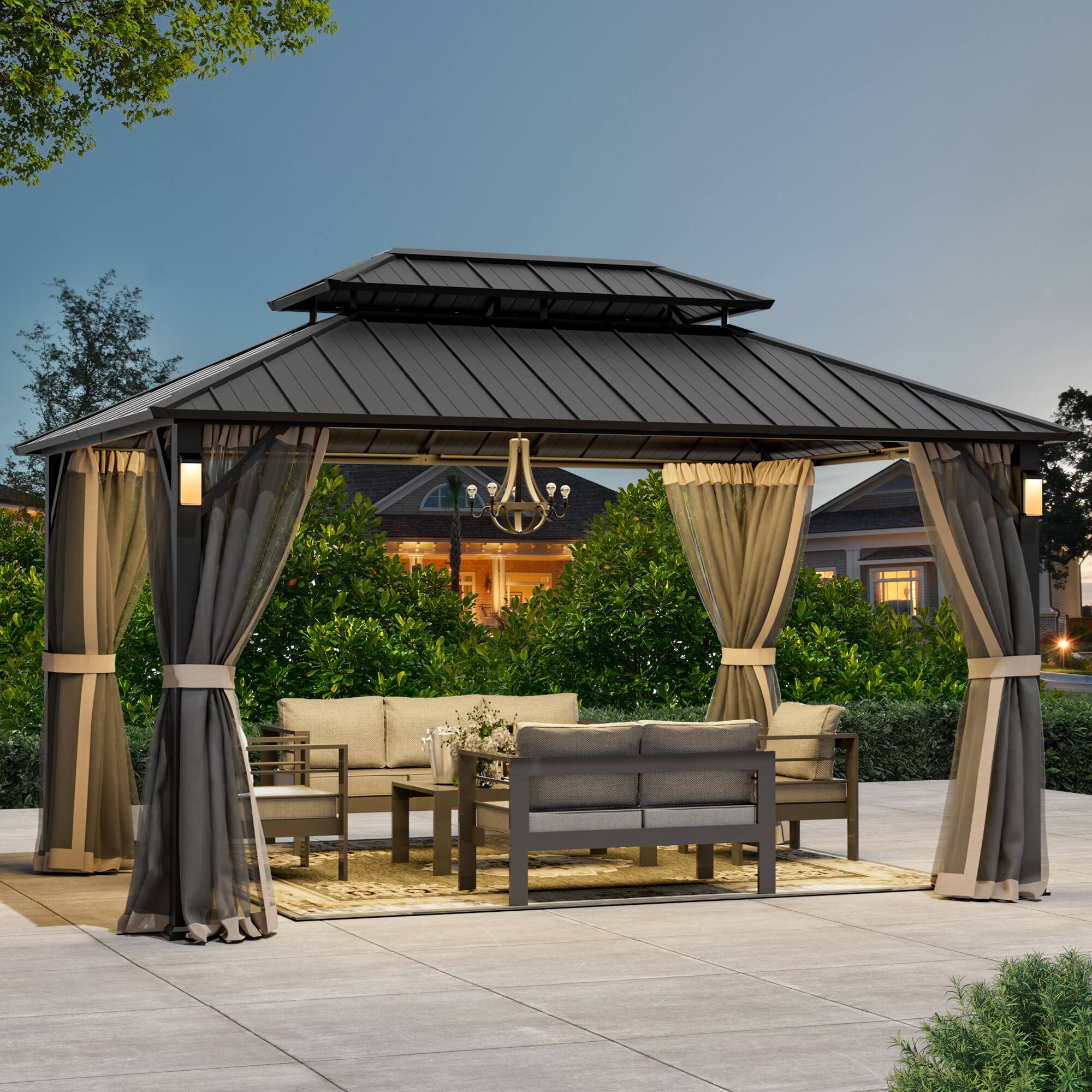 Angle. Modern Shade Outdoor Living Spaces - Modern Shade The Horizon Hardtop Gazebo 10' x 14' with 4 LED Lights, Galvanized Steel Double Roof - Black.