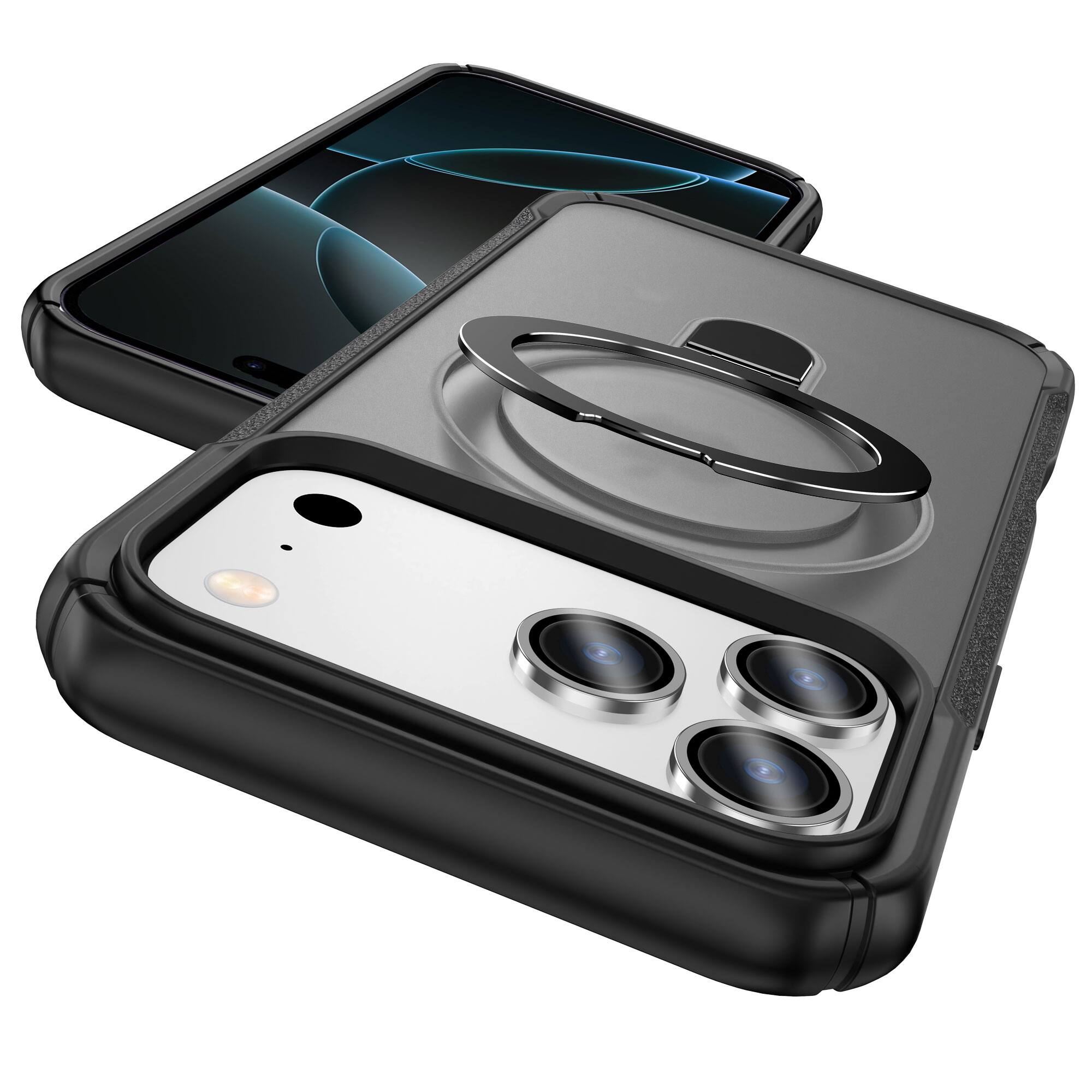 Angle. Dteck - Case For Apple iPhone 17 Pro Max Slim Magnetic Shockproof Rugged Cover With Adjustable Ring Stand, Mag Safe Compatible - Black Clear.