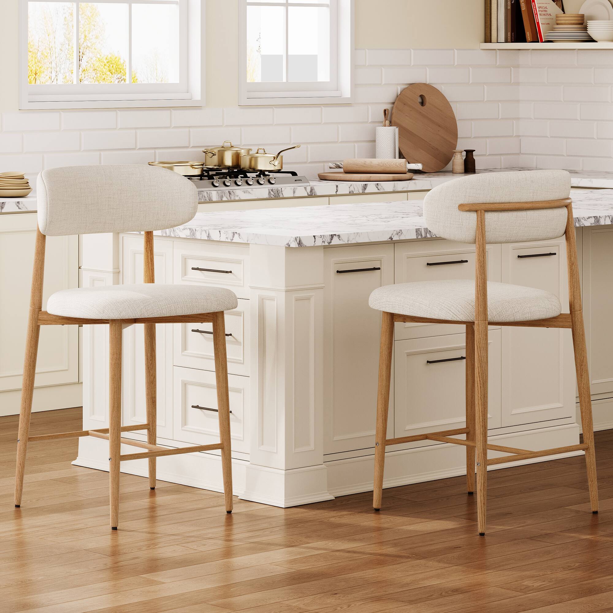 Front. Whisen - Set of 2 Modern Counter Height Bar Stools,Upholstered Dining Chair Set with Metal Legs for Kitchen Island-Natural - Natural.