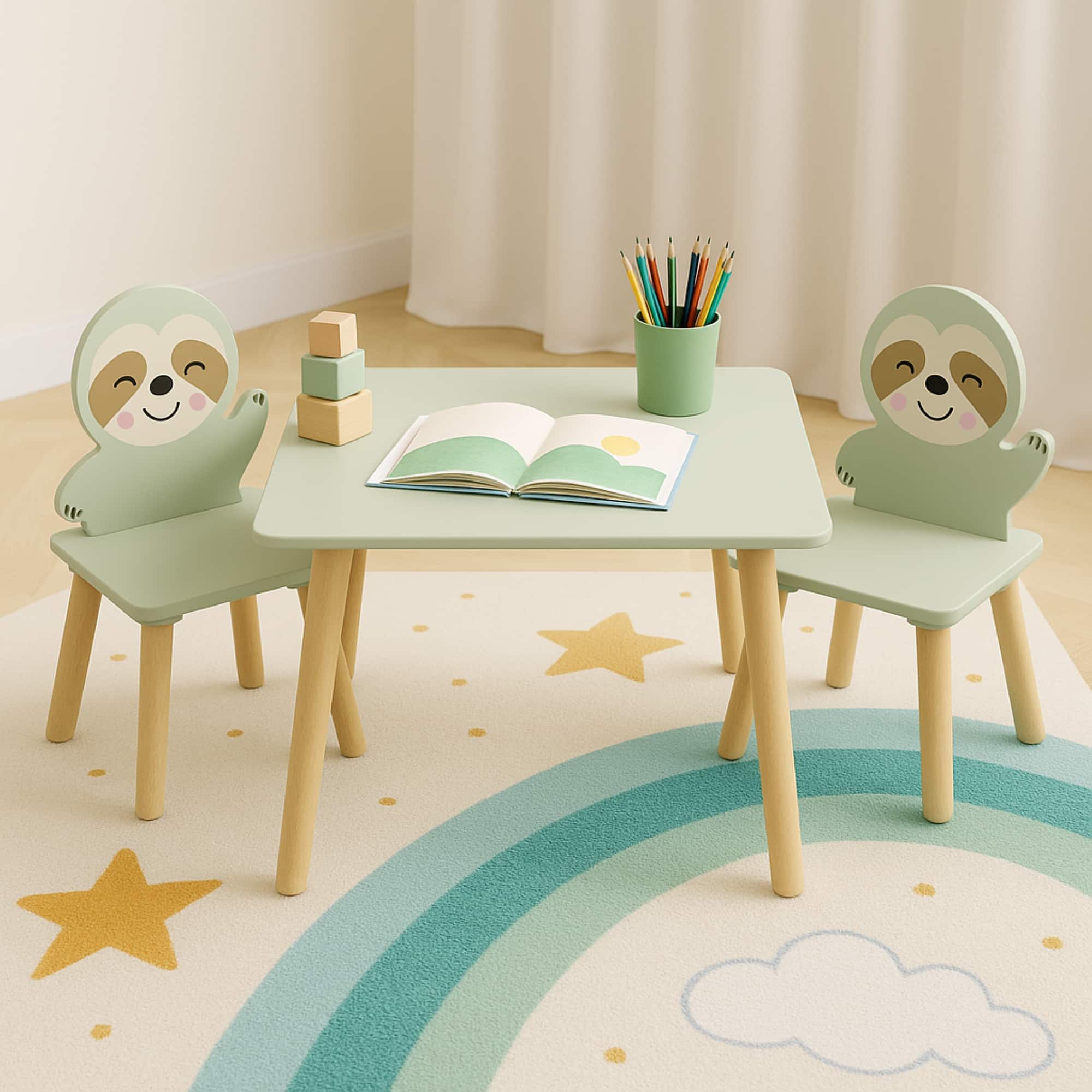 Tiramisubest - Kids Table and Chair Set with 2 Cute Sloth Chairs,Wooden Toddler Activity Table,Cute Animal Design Play & Study Set - Natural Wood,Sage Green
