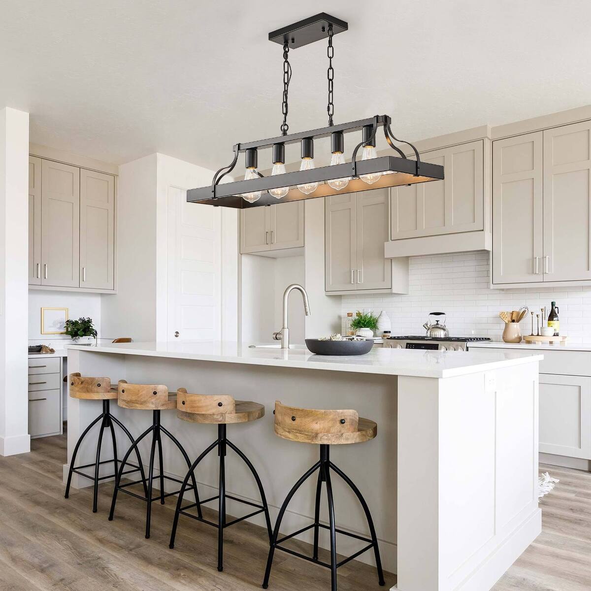 Left. Loheer - Loheer 34 Inch Black Pendant Light, Five Light E26 Industrial Linear Chandelier with Adjustable Chain.