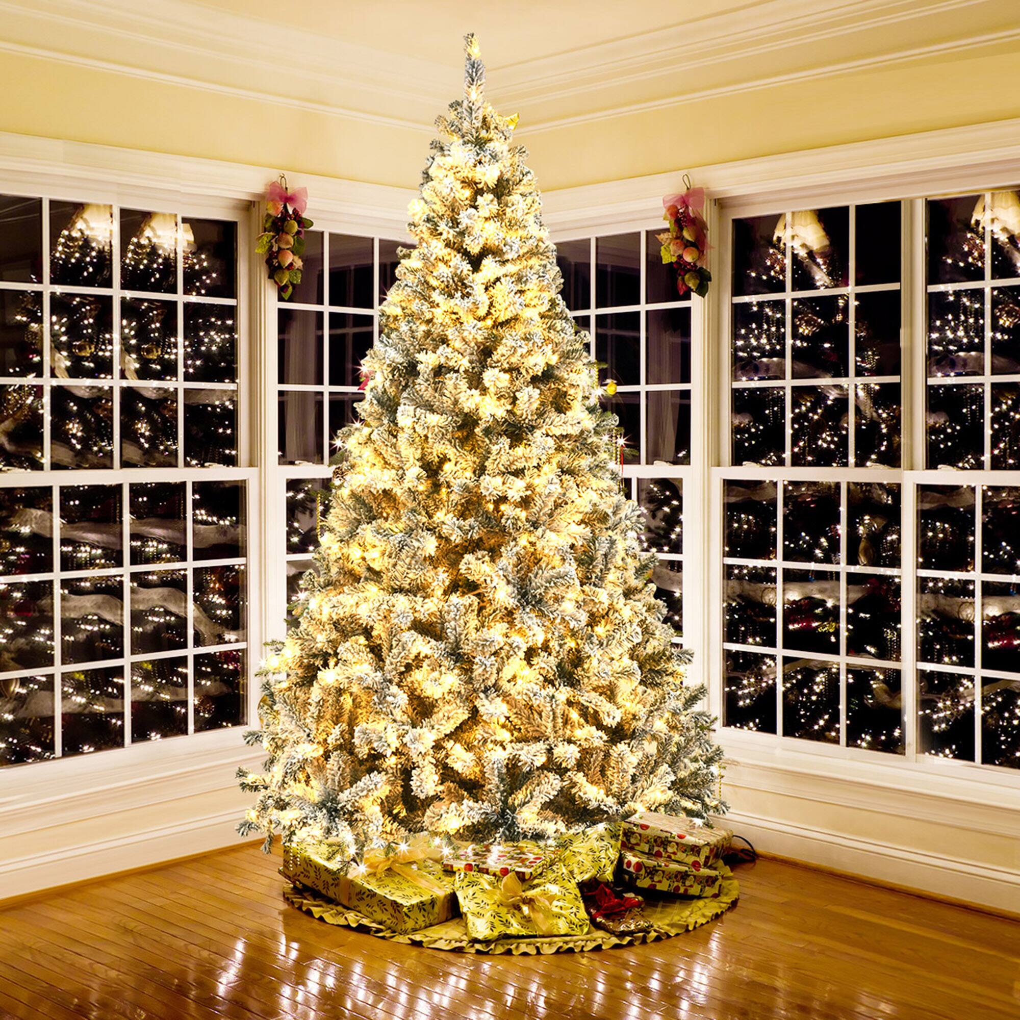 Gymax 9 FT Pre Lit Christmas Tree Snow Flocked Hinged Pine Tree w