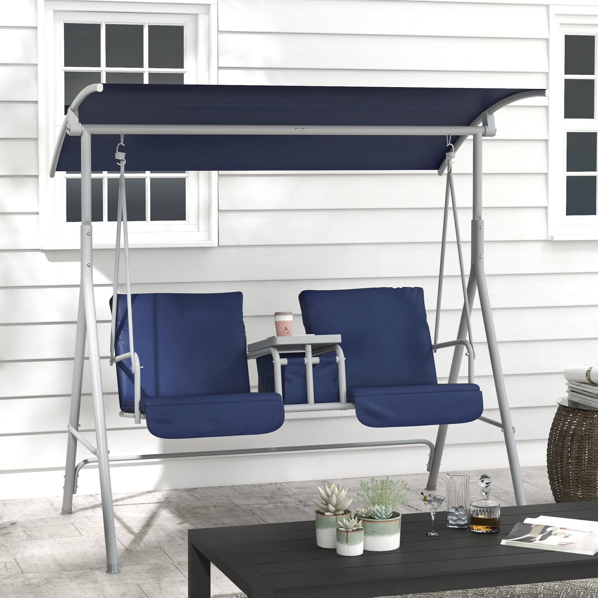 Alt View 1. Outsunny - Outdoor Porch Swing with Canopy and Table, Patio Swing Chair for Garden, Poolside, Backyard - Dark Blue.
