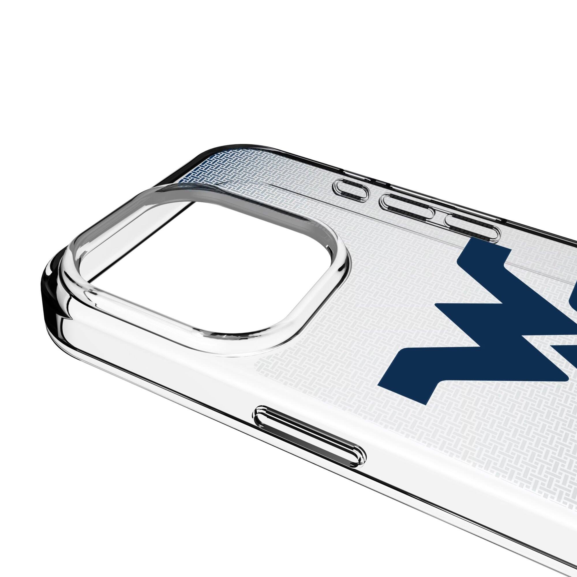 Alt View 2. Keyscaper - West Virginia Mountaineers Linen Logo iPhone Clear Case - 15 Pro - Multicolor.