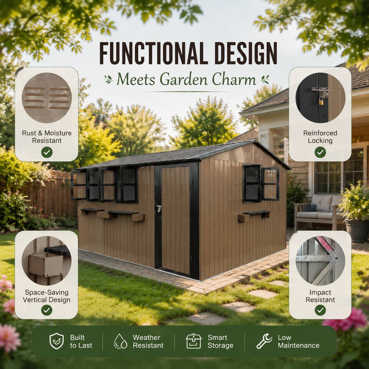 FUNCTIONAL DESIGN Meets Garden Charm

- Rust & Moisture Resistant
- Reinforced Locking
- Space-Saving Vertical Design
- Impact Resistant
- Built to Last
- Weather Resistant
- Smart Storage
- Low Maintenance