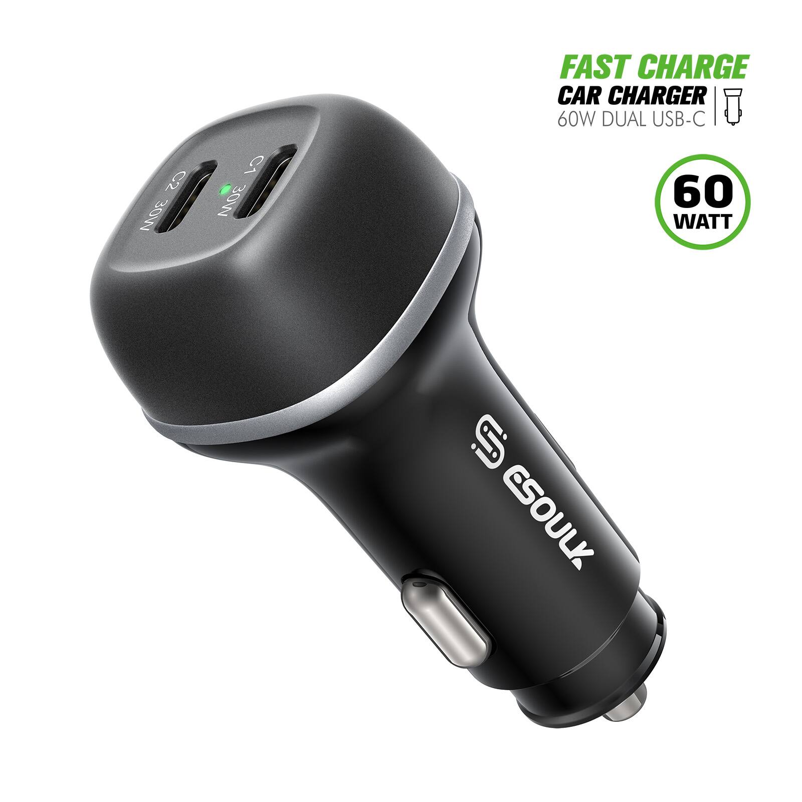 FAST CHARGE  
CAR CHARGER  
60W DUAL USB-C  

60 WATT  

C1  
C2  

ESOUK