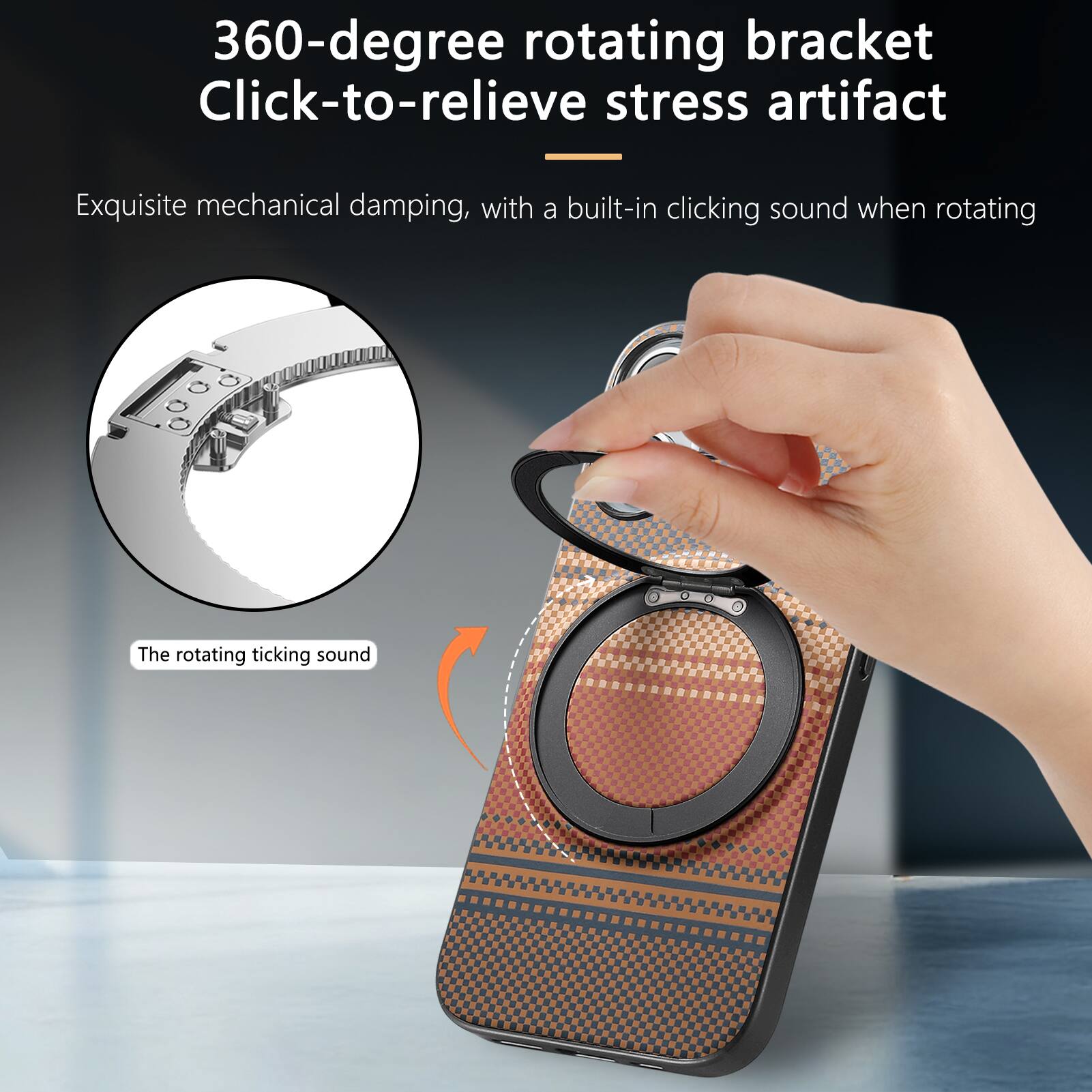 360-degree rotating bracket  
Click-to-relieve stress artifact  

Exquisite mechanical damping, with a built-in clicking sound when rotating  

The rotating ticking sound