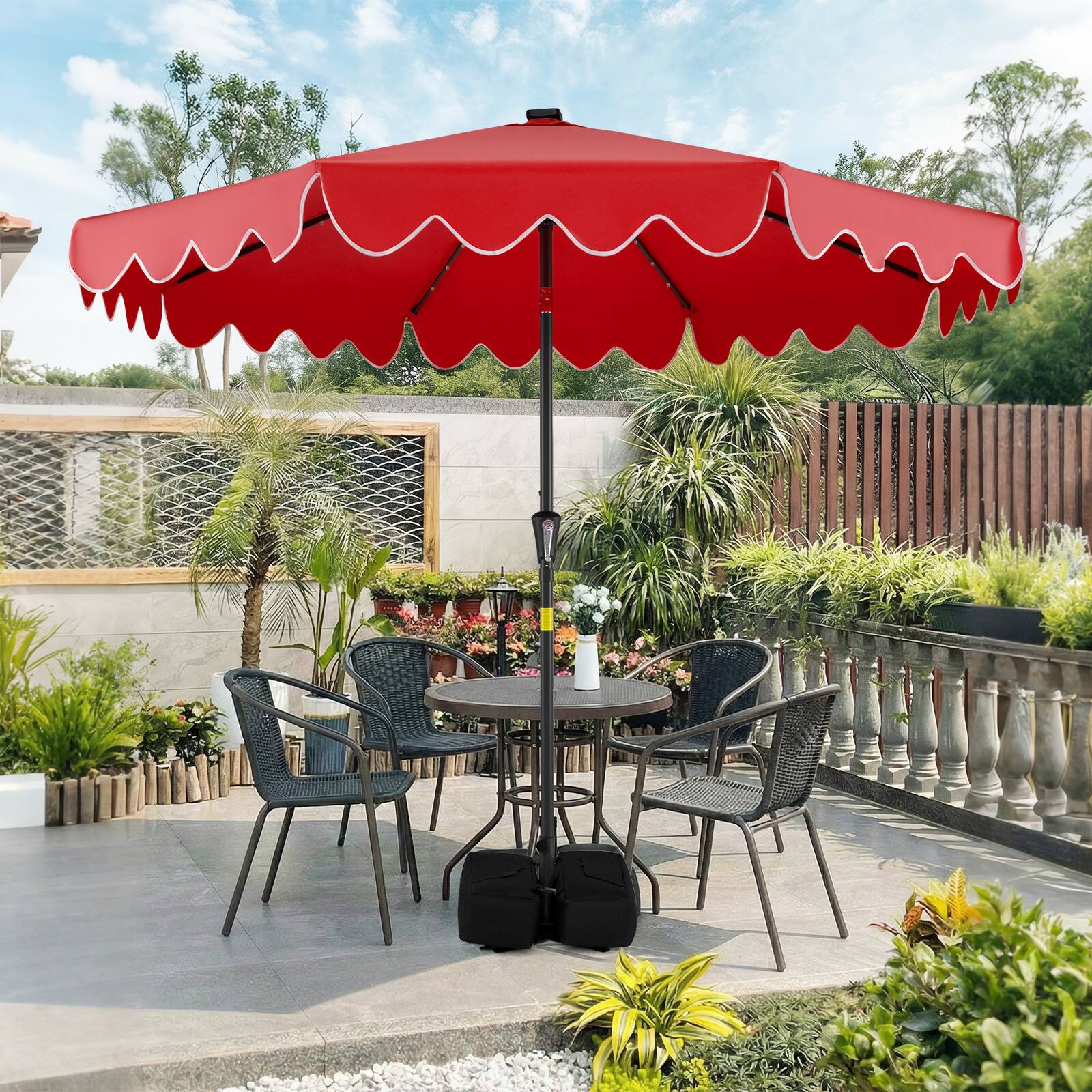 Alt View 3. Gymax - Gymax 9 FT Outdoor Patio Umbrella w/32 Solar LED Lights & Weighted Base Sandbags Red - Red.