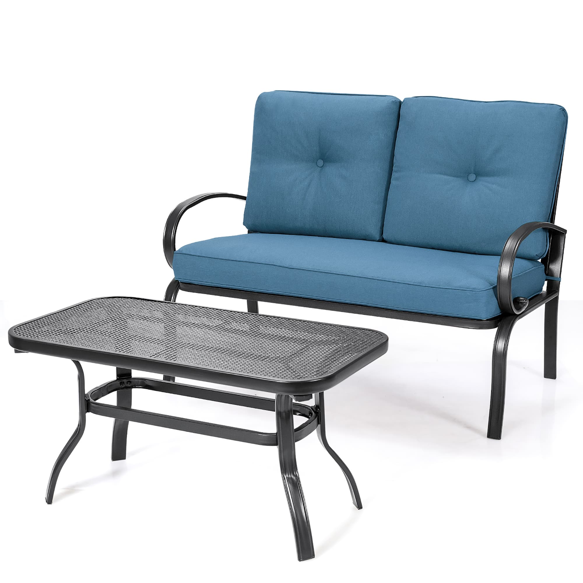 Costway - 2PCS Patio LoveSeat Coffee Table Furniture Set Bench W/ Cushions - Blue price history on PriceWatchPro
