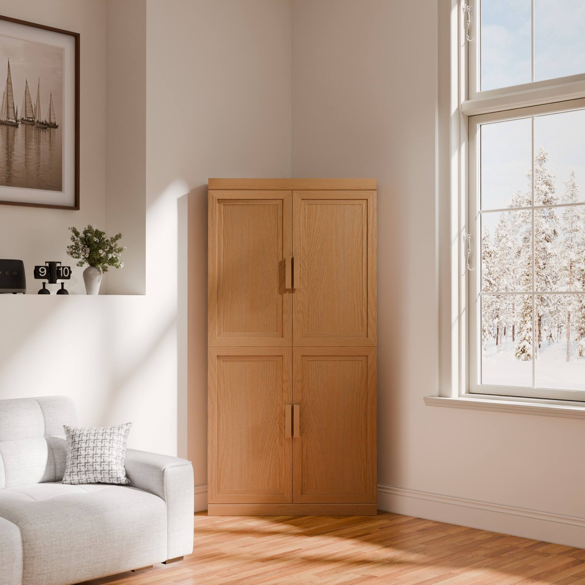 Alt View 2. PexFix - 62" Farmhouse Corner Accent Storage Cabinet with Solid Wood Doors and Adjustable Shelves for Space-Saving - Natural.