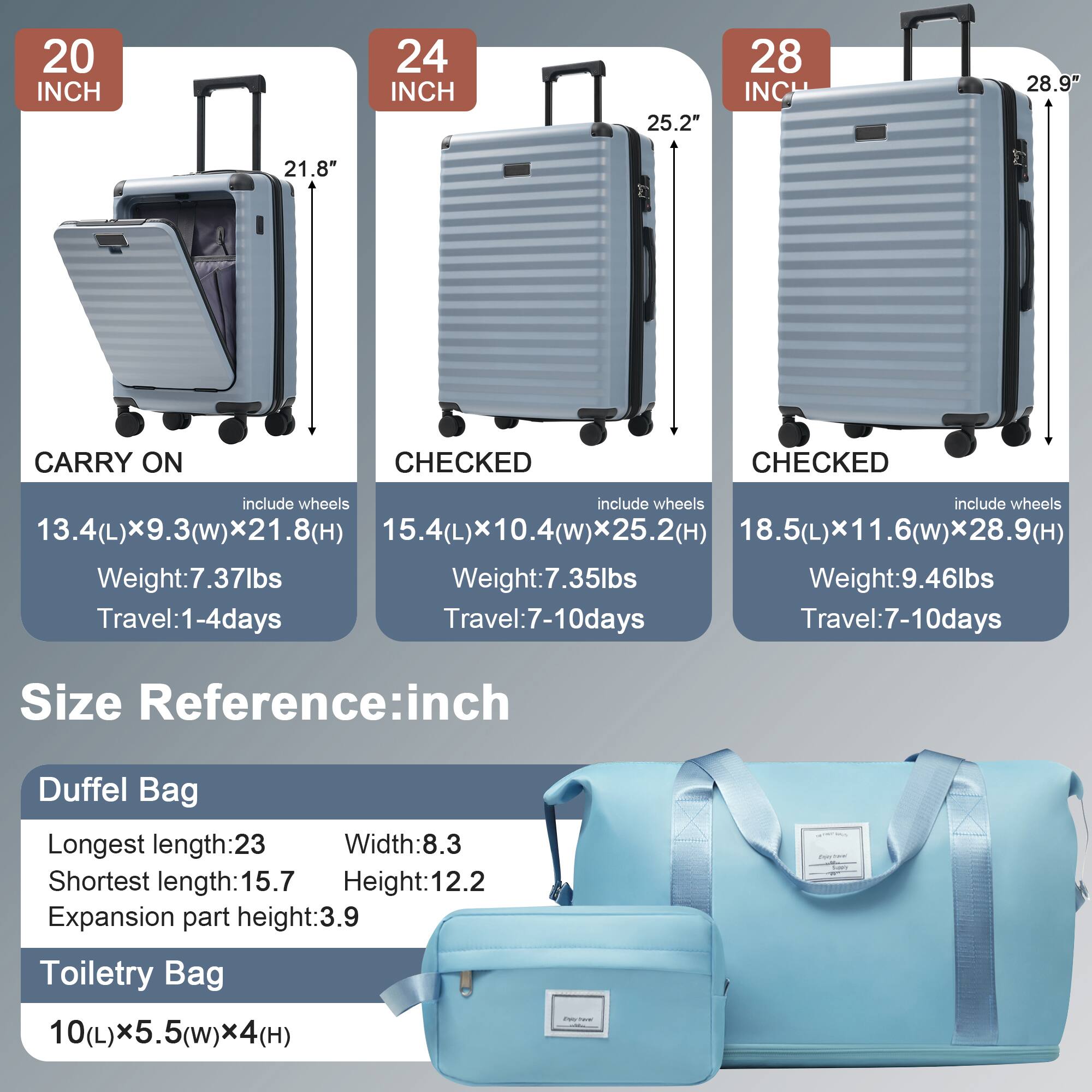 20 INCH  
CARRY ON  
include wheels  
13.4(L) x 9.3(W) x 21.8(H)  
Weight: 7.37lbs  
Travel: 1-4 days  

24 INCH  
CHECKED  
include wheels  
15.4(L) x 10.4(W) x 25.2(H)  
Weight: 7.35lbs  
Travel: 7-10 days  

28 INCH  
CHECKED  
include wheels  
18.5(L) x 11.6(W) x 28.9(H)  
Weight: 9.46lbs  
Travel: 7-10 days  

Size Reference: inch  

Duffel Bag  
Longest length: 23  
Shortest length: 15.7  
Width: 8.3  
Height: 12.2  
Expansion part height: 3.9  

Toiletry Bag  
10(L) x 5.5(W) x 4(H)