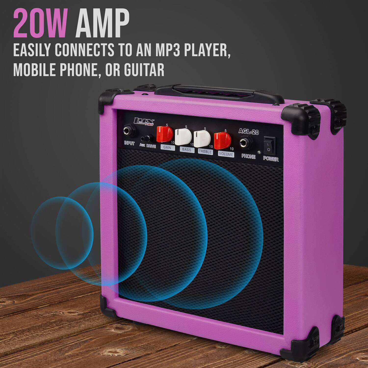 20W AMP EASILY CONNECTS TO AN MP3 PLAYER, MOBILE PHONE, OR GUITAR

L Pa 5 SAT 10 - -oa GAIN & 1 5 AGL-20 T0 I 70 BASS 10 TREALE VOLUME PHORE PORER