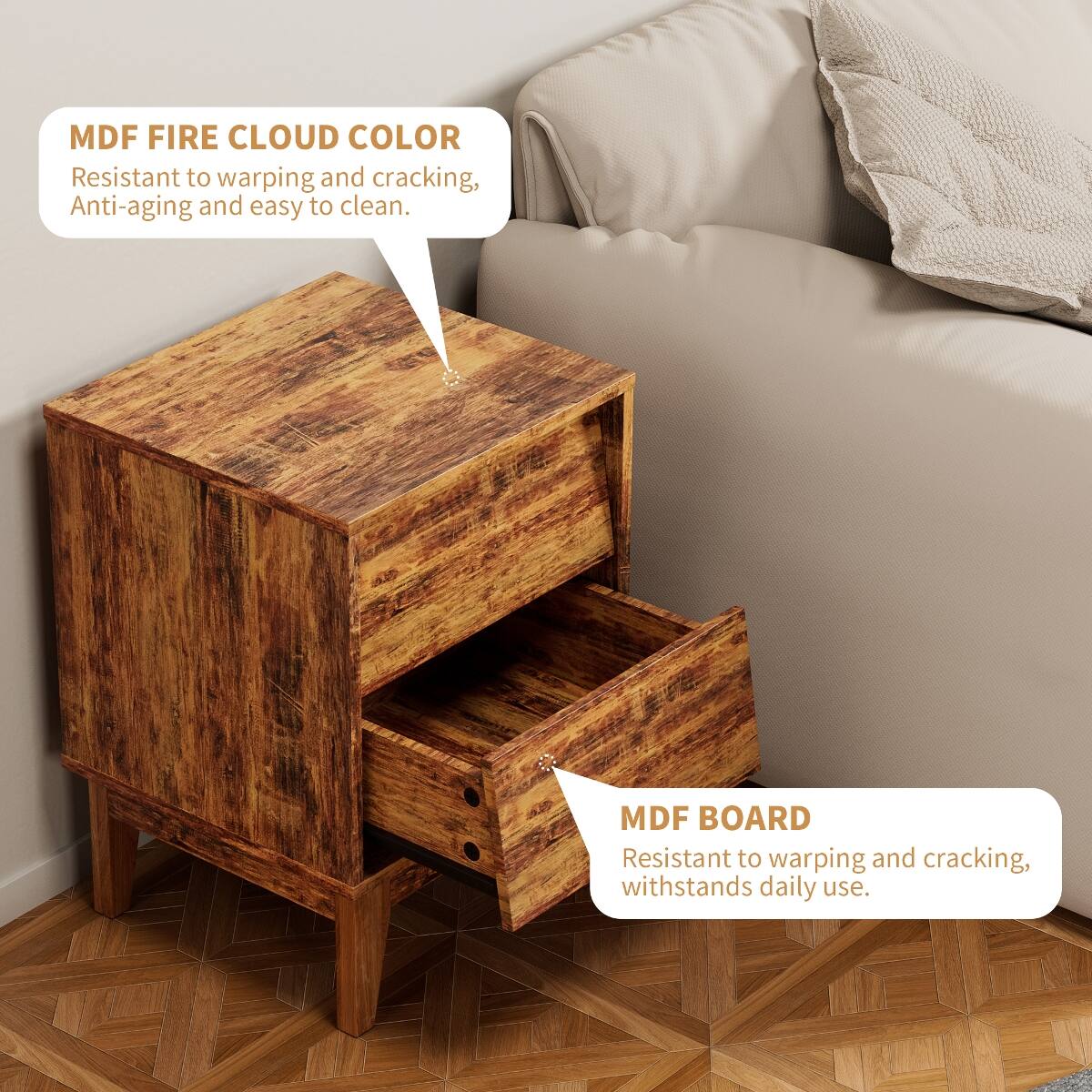 MDF FIRE CLOUD COLOR  
Resistant to warping and cracking, Anti-aging and easy to clean.

MDF BOARD  
Resistant to warping and cracking, withstands daily use.
