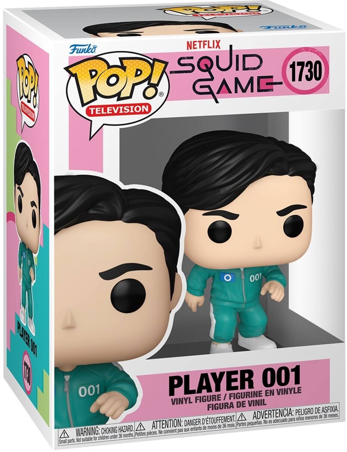 Sure, here is the corrected and grouped text from the image:

---

**Funko POP! TELEVISION**

**NETFLIX SQUID GAME**

**1730**

**PLAYER 001**

**VINYL FIGURE / FIGURINE EN VINYLE / FIGURA DE VINIL**

**WARNING: CHOKING HAZARD. Small parts. Not suitable for children under 36 months.**

**ATTENTION: DANGER D'ÉTOUFFEMENT. Petites pièces. Ne convient pas aux enfants de moins de 36 mois.**

**ADVERTENCIA: PELIGRO DE ASFIXIA. No es adecuado para niños menores de 36 meses.**

---

This text is organized to reflect the information on the packaging.