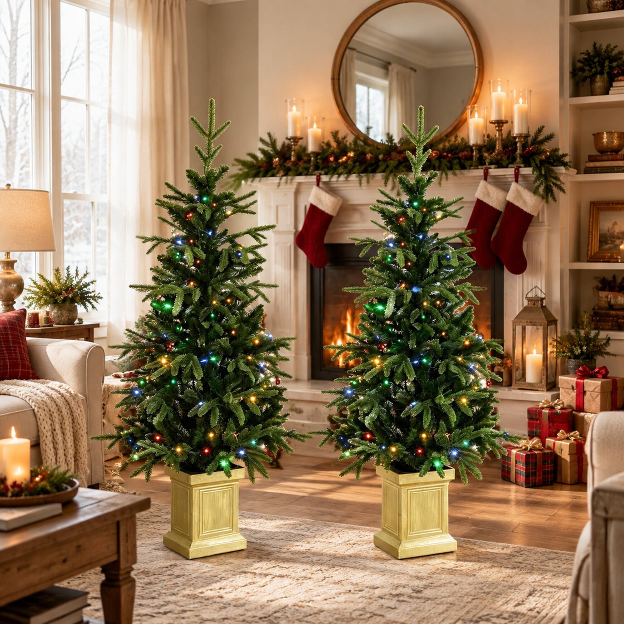 Angle. RYHNUYNE - 4FT Pre-Lit Aspen Fir Christmas Tree Set of 2 With Battery Dual-Color LED Lights and Remote, 11 Modes - Green.