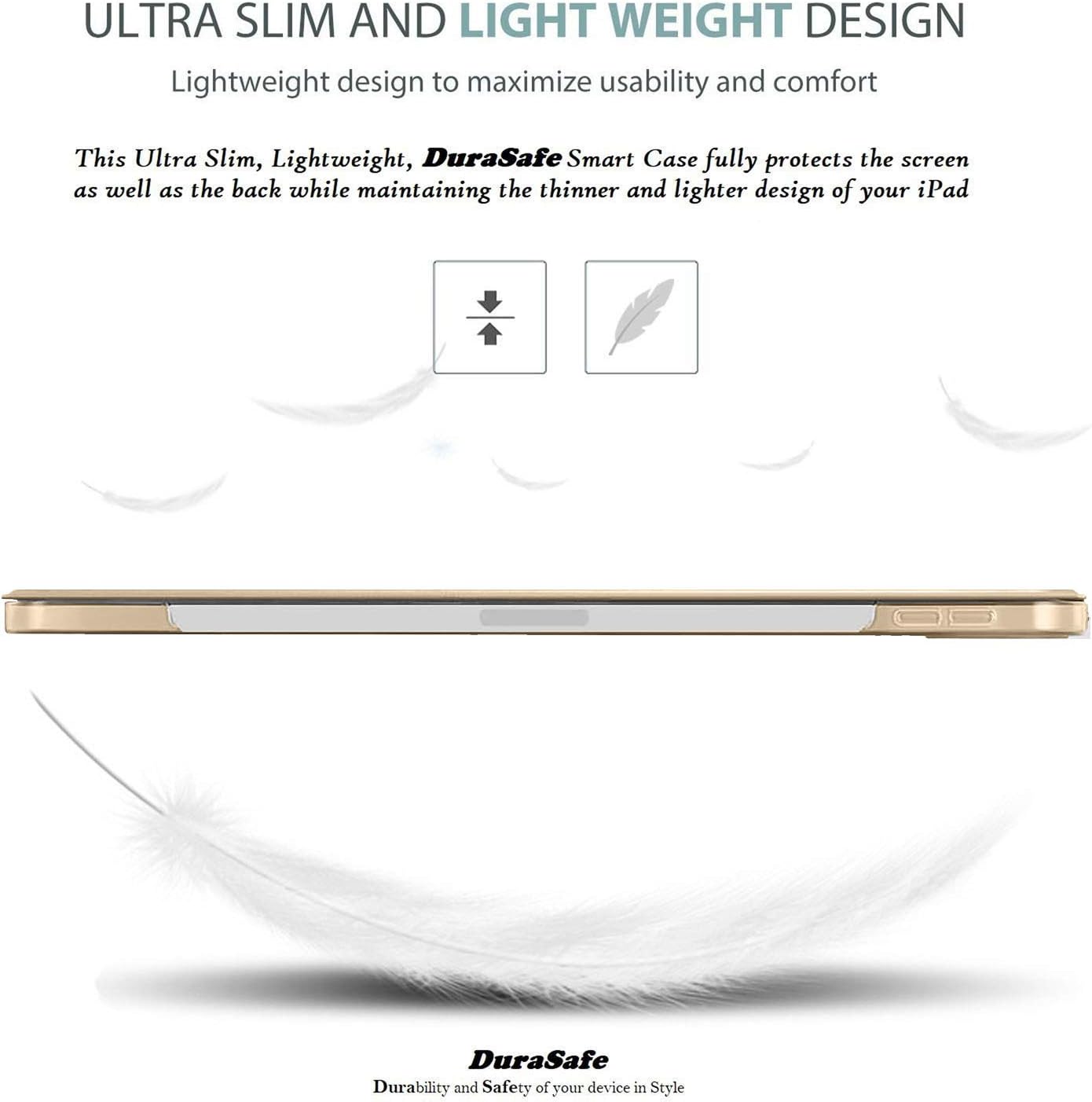 ULTRA SLIM AND LIGHT WEIGHT DESIGN  
Lightweight design to maximize usability and comfort  

This Ultra Slim, Lightweight, DuraSafe Smart Case fully protects the screen as well as the back while maintaining the thinner and lighter design of your iPad  

DuraSafe  
Durability and Safety of your device in Style