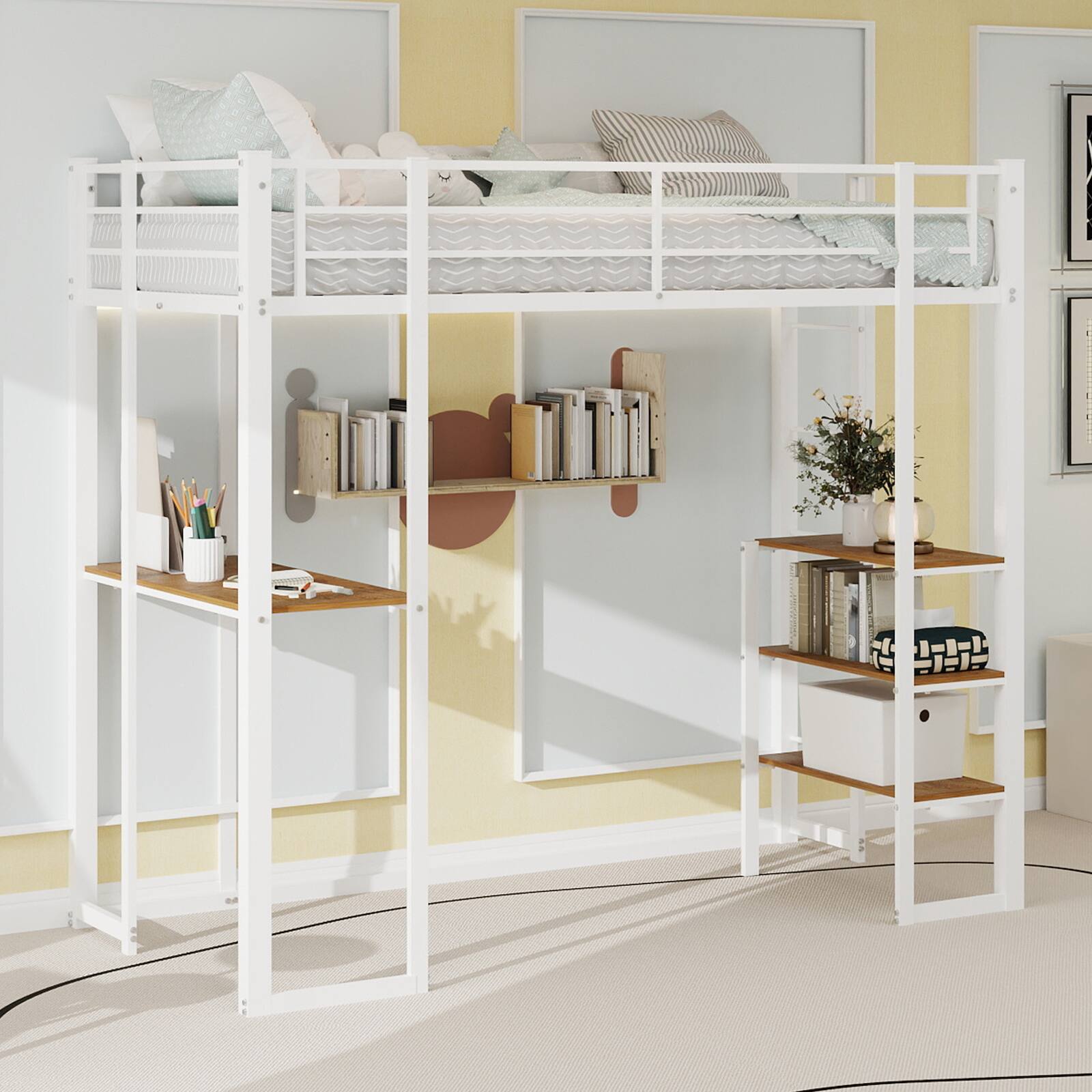 Left. Loheer - Loheer Twin Loft Bed with Desk and Storage Shelves Modern White Metal Wood Space Saving Frame for Small Rooms - White.