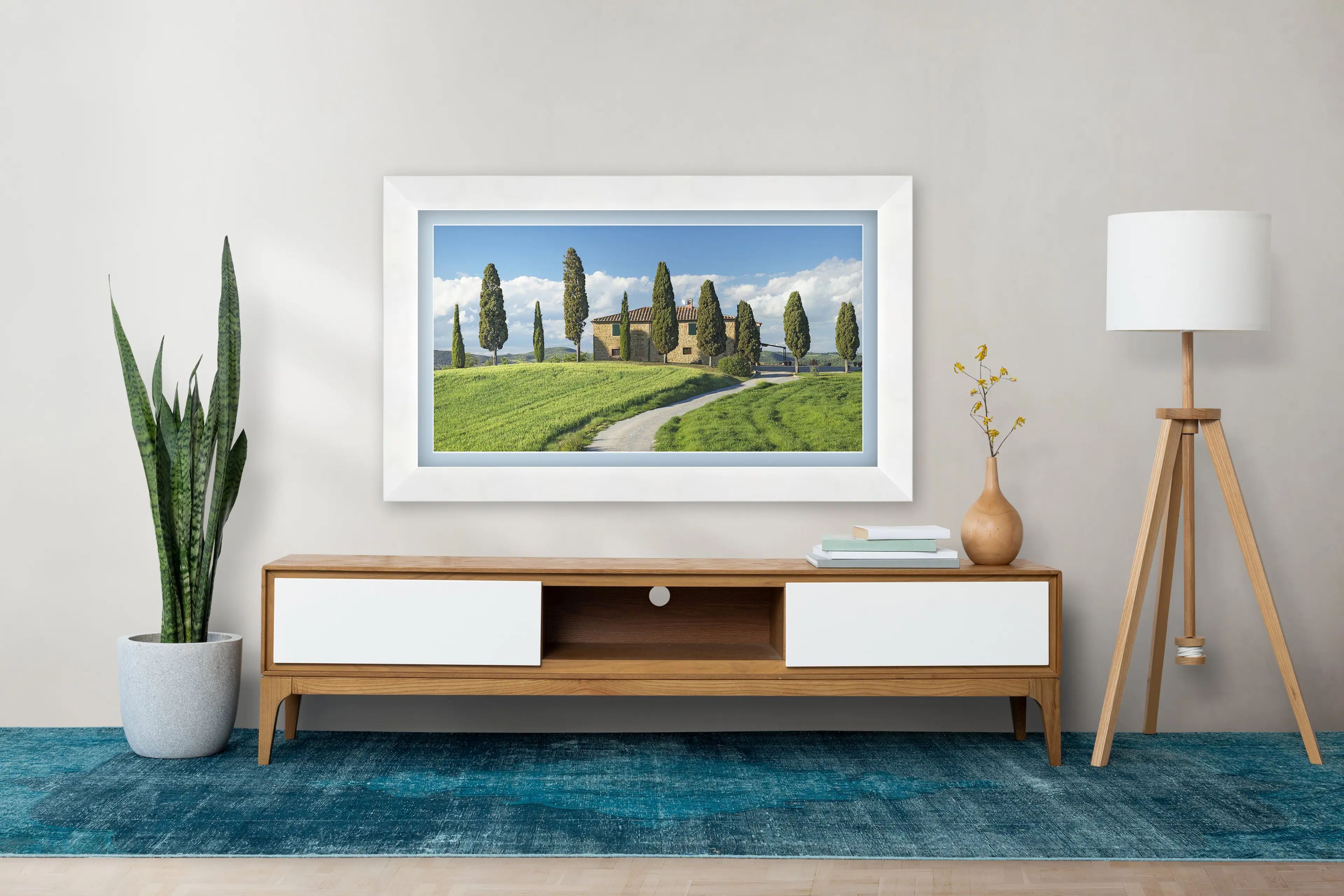 Angle. Deco TV Frames - Premiere Bezel for Samsung the Frame TV - 85" - Gloss White.