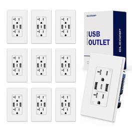 ELEGRP - 3 Ports Dual Type A & Type C USB Charger Wall Outlet, 20 Amp Tamper-Resistant Outlet w/Wall Plate, (10 Pack) - White