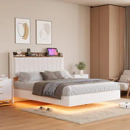 Front. Qeetex - Queen Floating Platform Bed Frame with LED Lights, USB Ports & Upholstered Headboard, Wood Slats, No Box Spring - White.