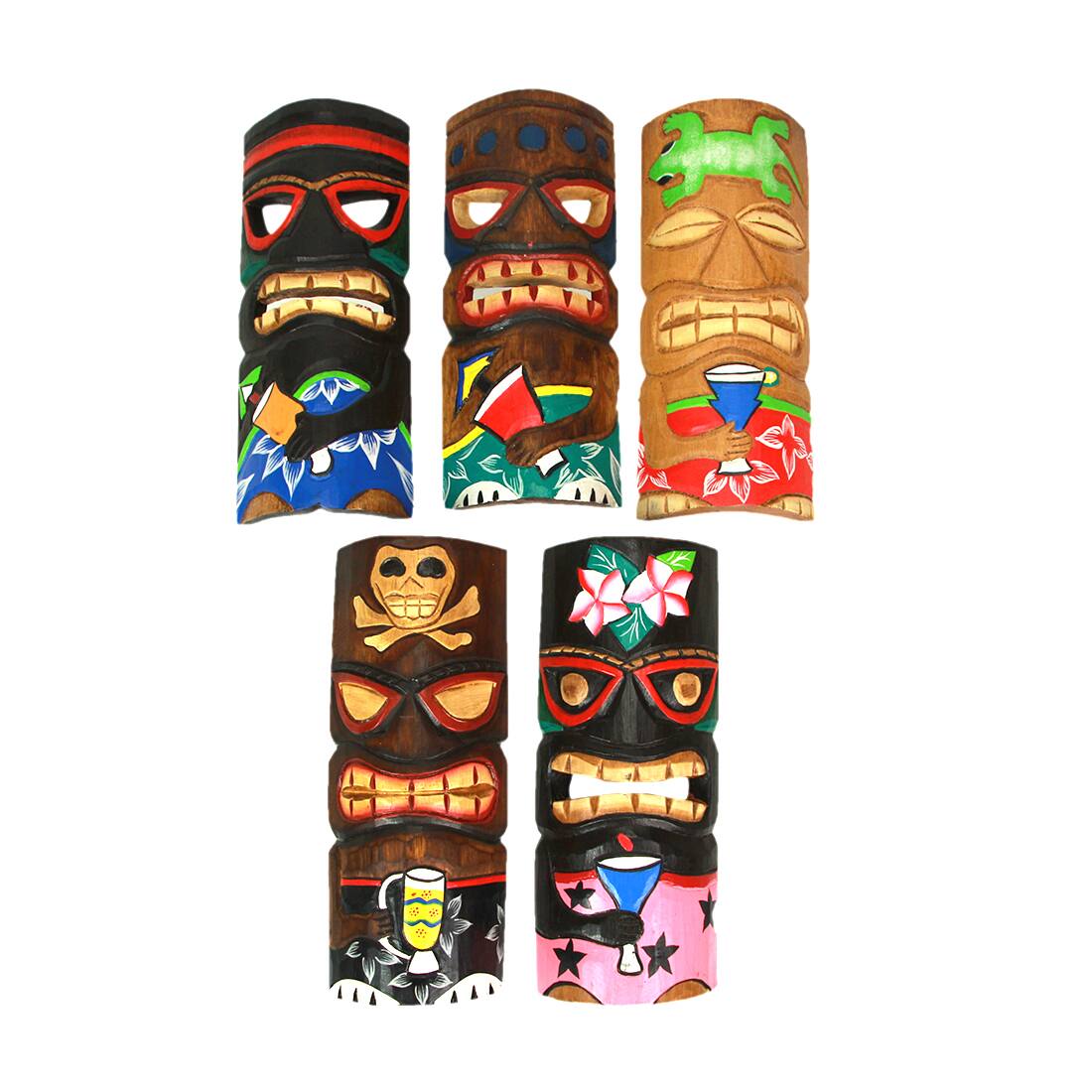 Front. Zeckos - Set of 5 Polynesian Style Wooden Tiki Masks 10 in. - Multicolored.
