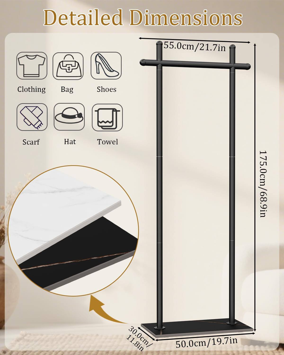 Detailed Dimensions

- Height: 175.0cm / 68.9in
- Width: 55.0cm / 21.7in
- Depth: 50.0cm / 19.7in
- Base: 30.0cm / 11.8in