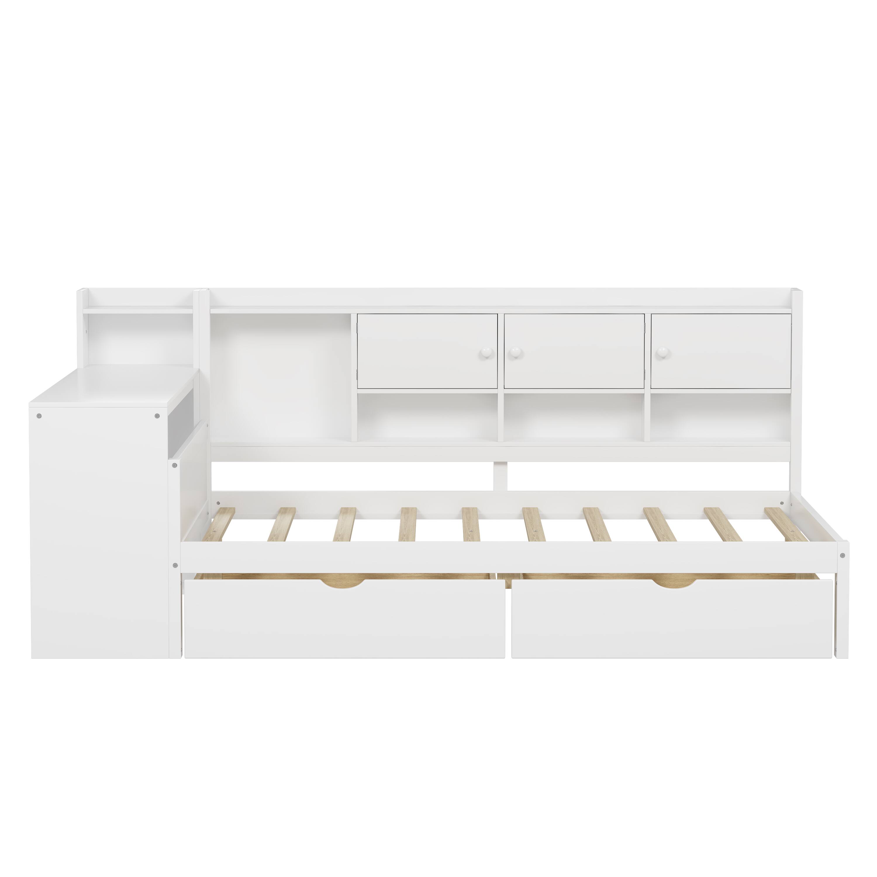 Left. Tiramisubest - Wooden L-Shape Daybed with Storage Cabinets and Drawers, Multi-functional Bed with Study Desk and Built-in Bookshelf - White.