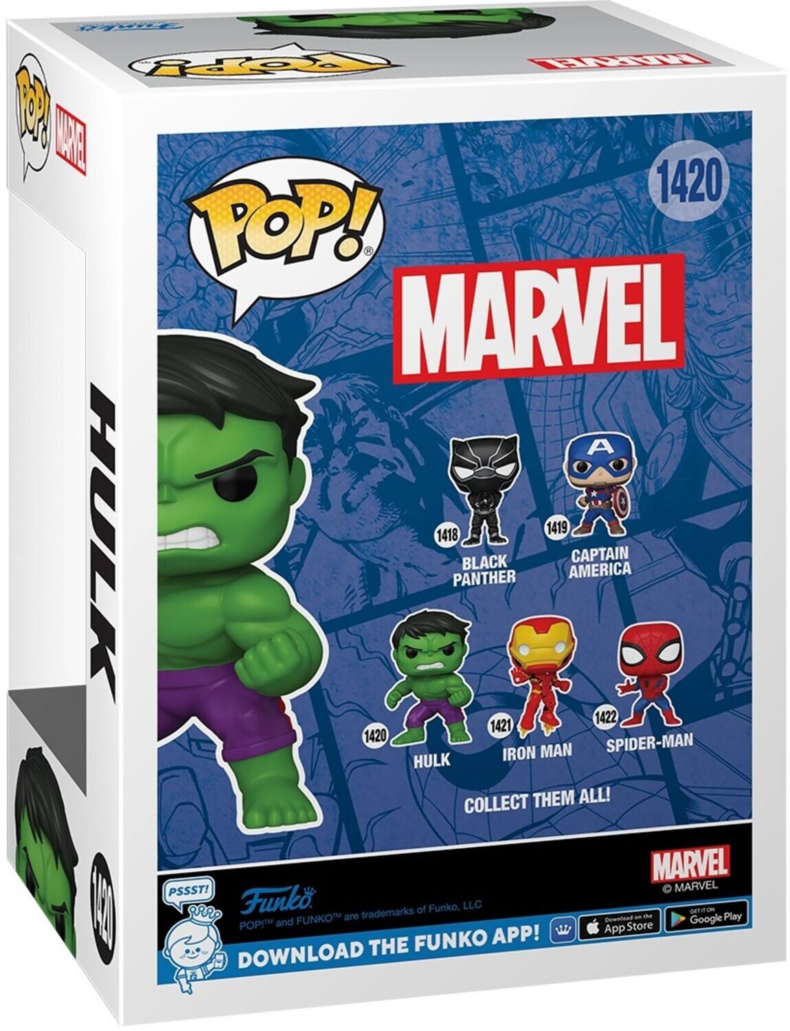 Reppy WIRR  LAE 1420 POP! MARVEL A 1419 HULK 1418 BLACK PANTHER 1420 CAPTAIN AMERICA 1422 SPIDER-MAN 1421 IRON MAN HULK COLLECT THEM ALL! MARVEL PSSST! MARVEL 1 Funko trademarks of Funko, LLC GETITON FUNKO are Download an te Play POP!M and Store Google APP! App THE FUNKO DOWNLOAD