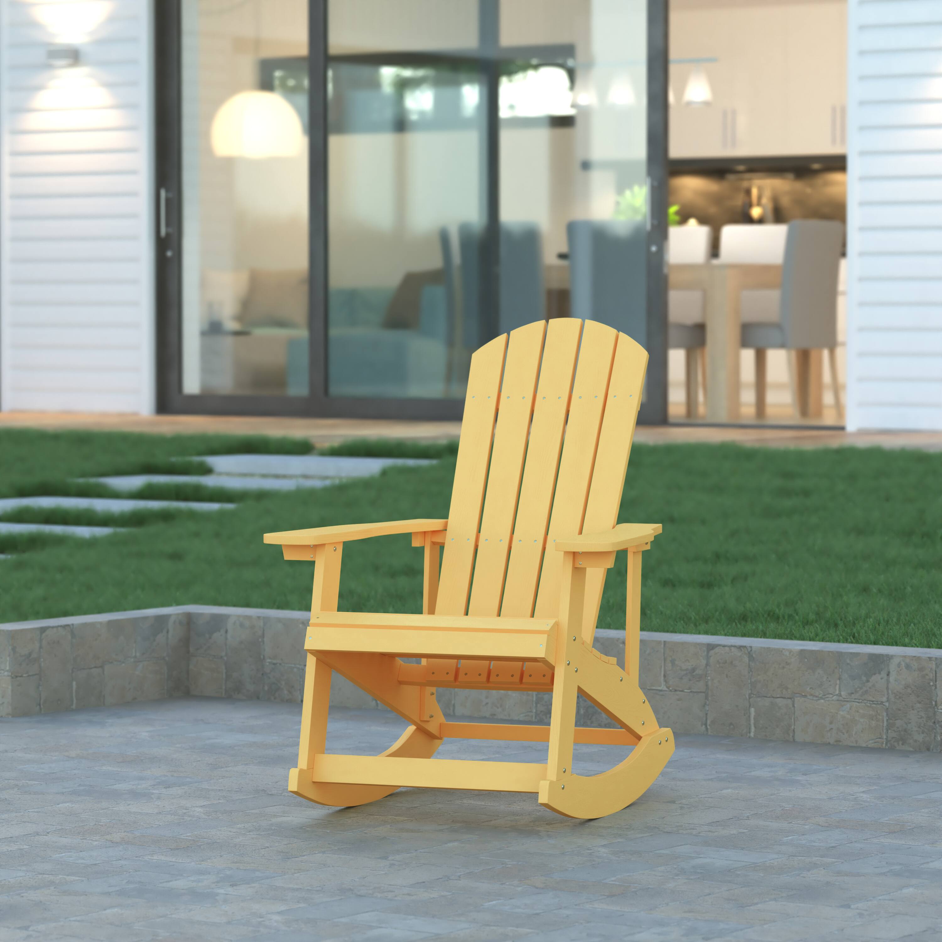 Alt View 1. Emma + Oliver - Classic All-Weather Poly Resin Rocking Adirondack Chair with Stainless Steel Hardware for Year Round Use - Yellow.