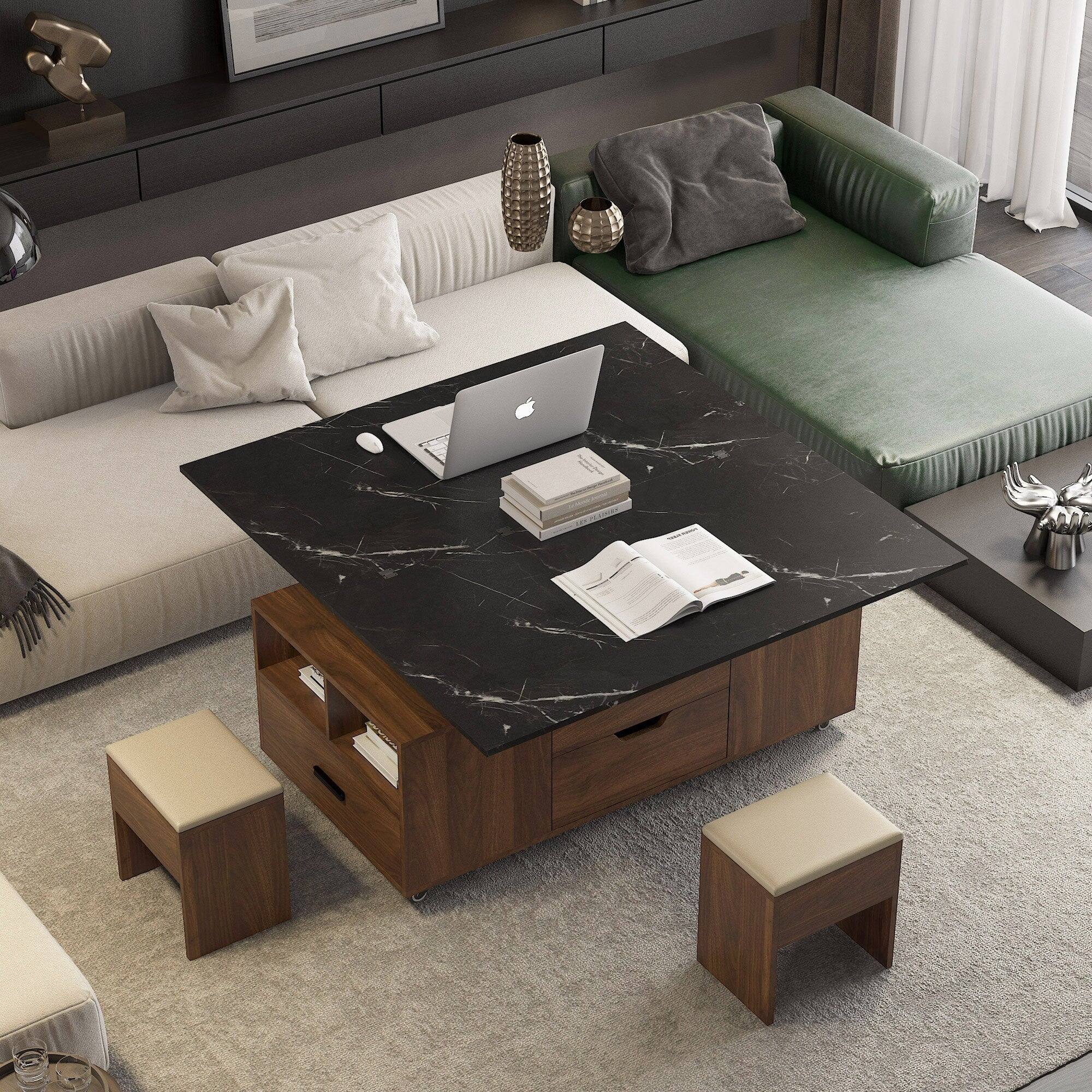 Alt View 5. Boyel Living - Modern Lift Up Coffee Table with Storage Stools - Black+Wood.