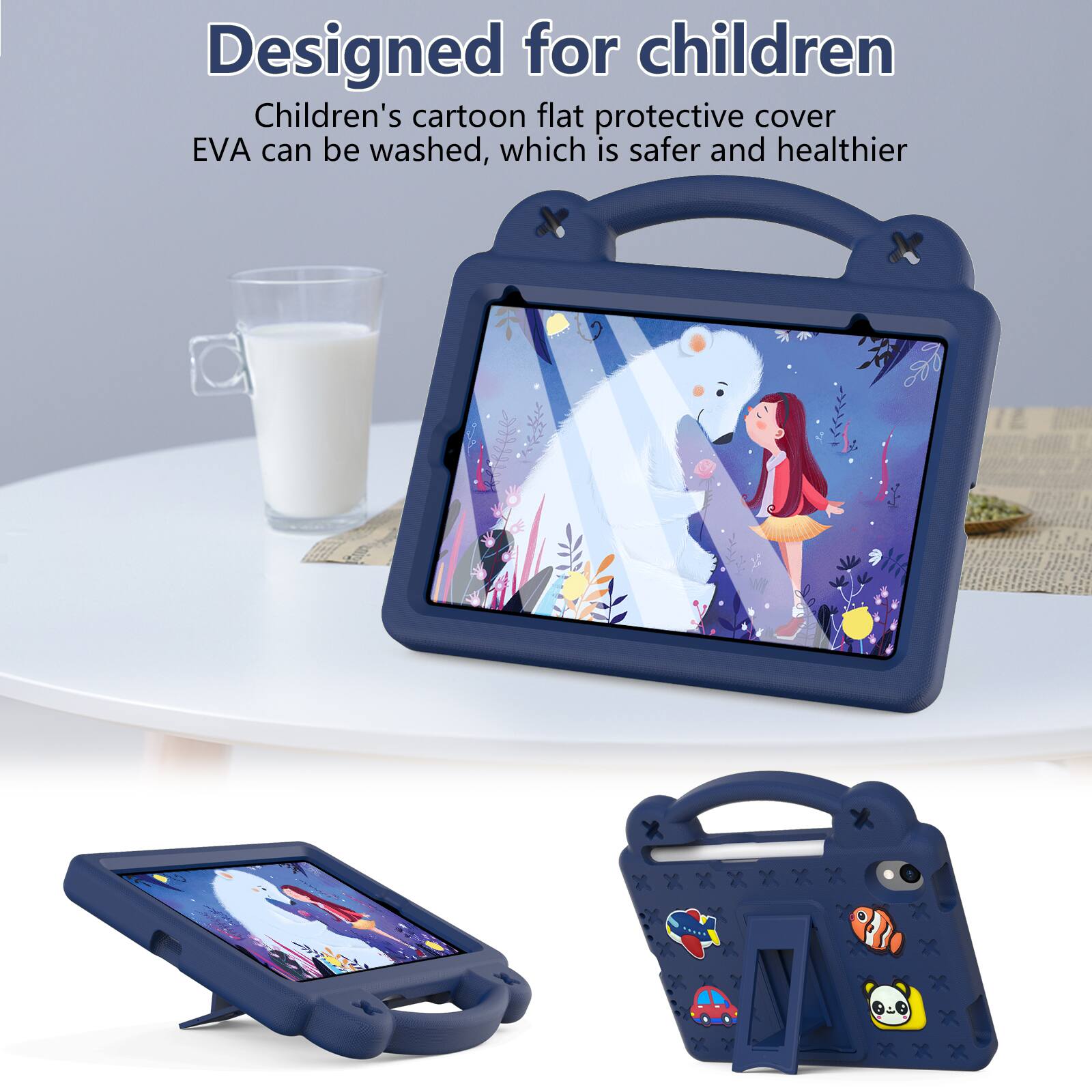 Designed for children  
Children's cartoon flat protective cover EVA can be washed, which is safer and healthier