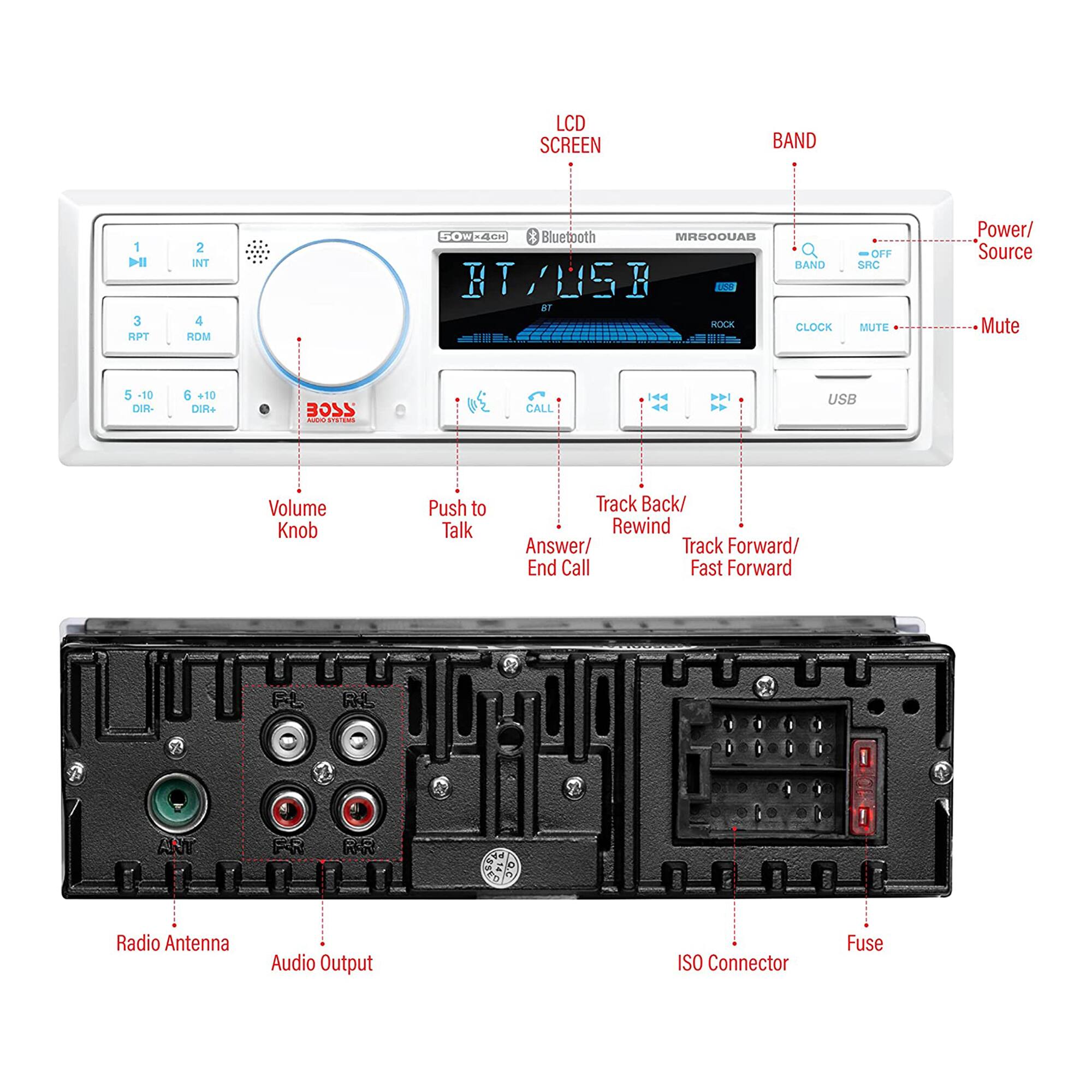 LCD SCREEN  
BAND 1 2 3 APT 4 INT 5 ROM 0 -4CH  
Bluetooth  
MRSOOUAB  
BT/USB  
LA R  
ROCK  
CLOCK  
OFF  
SHC  
MUTE  
Power/ Source  
Mute  
5 -10 DIR-  
8 10 DIR+  
22CE  
RO  
CALL  
144  
44 P  
1 USB  
Volume Knob  
Push to Talk  
Track Back/ Rewind  
Answer/ Track Forward/ End Call  
Fast Forward  
Radio Antenna  
Audio Output  
ISO Connector  
Fuse