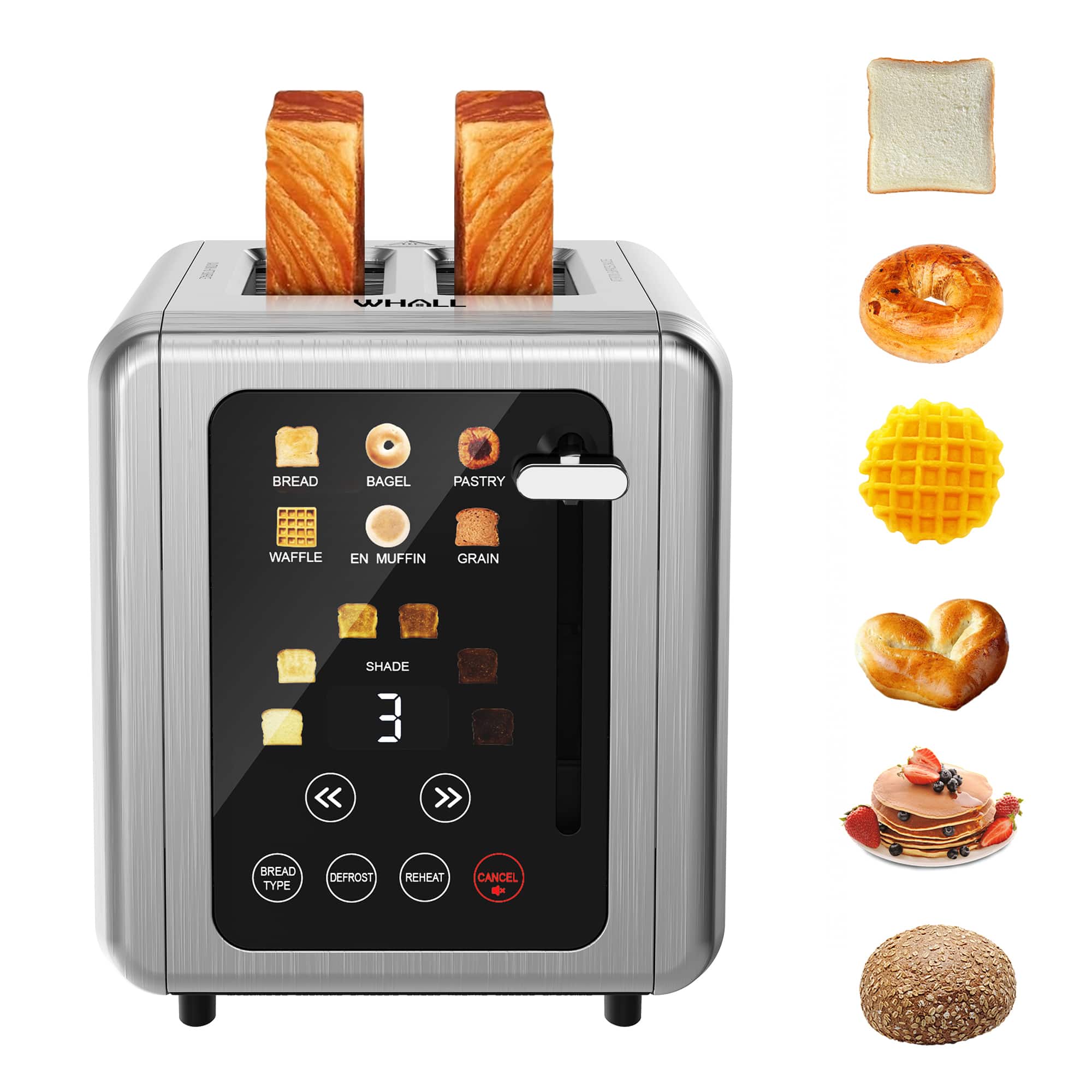 WHALL - 2 Slice Touchscreen Toaster, 6 Shade Settings, 6 Bread Types, Digital Timer, Extra Wide Slot - Stainless Steel