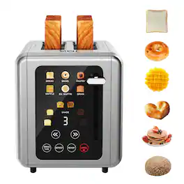 WHALL - 2 Slice Touchscreen Toaster, 6 Shade Settings, 6 Bread Types, Digital Timer, Extra Wide Slot - Stainless Steel