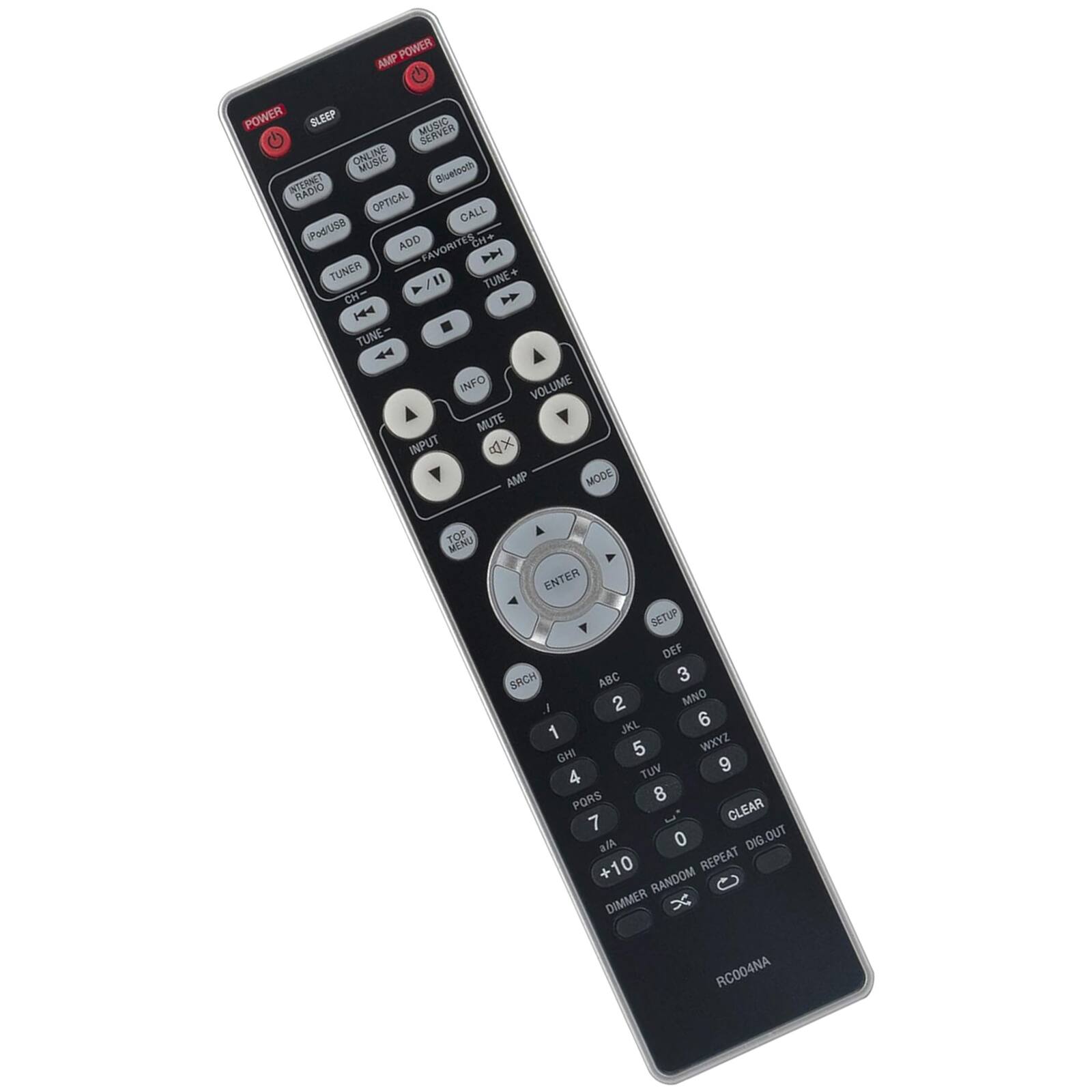 AMP POWER  
POWER  
SLEEP  
STEREO  
RADIO  
USB  
OPTICAL  
CALL  
MUSIC SERVER  
Bluetooth  
ADD FAVORITES  
TUNER  
CH+  
CH-  
TUNE+  
TUNE-  
INFO  
VOLUME  
MUTE  
INPUT  
AMP MODE  
ENTER  
SETUP  
DEF  
ABC  
1  
2  
3  
JKL  
4  
5  
6  
GHI  
7  
8  
9  
WXYZ  
PQRS  
0  
CLEAR  
DIG OUT  
+10  
REPEAT  
RANDOM  
DIMMER  
RC004NA