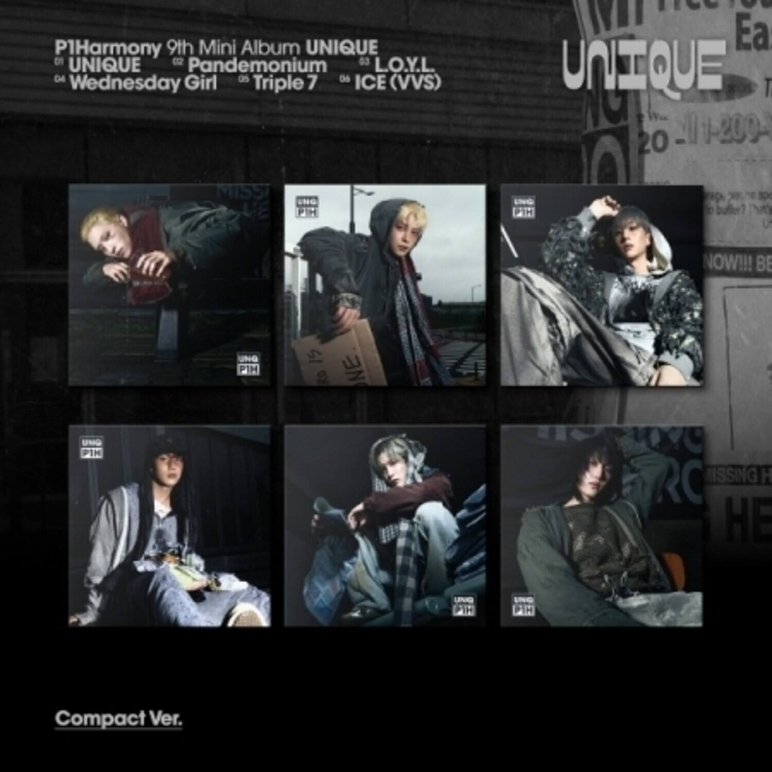 P1Harmony 9th Mini Album UNIQUE  
01 UNIQUE  
02 Pandemonium  
03 L.O.Y.L.  
04 Wednesday Girl  
05 Triple 7  
06 ICE (VVS)  

UNIQUE  
Wednesday  
Triple 7  
ICE (VVS)  

Compact Ver.  

20-11-200-  
MISSING HE  

NOW!!! BE UNO PIM  
SI g NE UNQ PIM  
RC ISSING H  
HE UNO FIR INO PIR