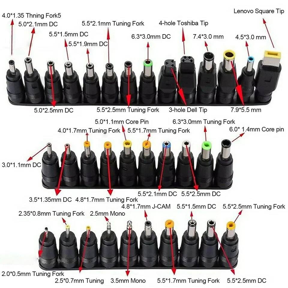 Sure, here is the corrected and grouped text from the image:

1. **Top Row:**
   - 4.0*1.35 Thning Fork5
   - 5.0*2.1mm DC
   - 5.5*2.1mm Tuning Fork
   - 5.5*1.5mm DC
   - 5.5*1.9mm DC
   - 6.3*3.0mm DC
   - 7.4*3.0 mm
   - 5.5*1.9mm DC
   - 5.5*2.5mm Tuning Fork
   - 3-hole Dell Tip
   - 7.9*5.5 mm
   - 5.0*1.1mm Core Pin
   - 6.3*3.0mm Tuning Fork
   - 4.0*1.7mm Tuning Fork
   - 5.5*1.7mm Tuning Fork
   - 6.0*1.4mm Core pin
   - 3.0*1.1mm DC
   - 5.5*