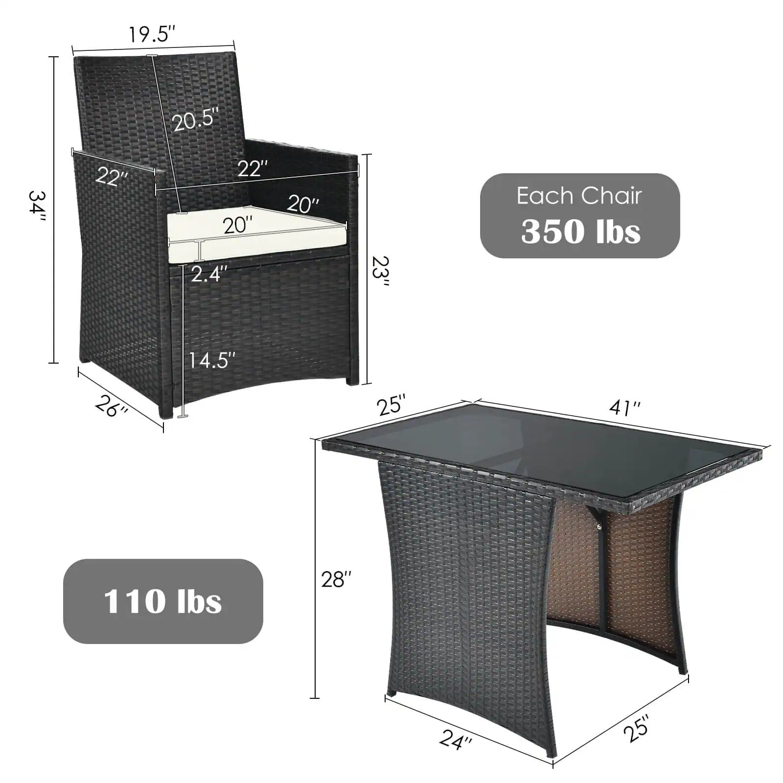 Each Chair 350 lbs

19.5" 20.5" 34" 22" 22" 20" 20" 2.4" 23" 26" 14.5" 25" 41" 110 lbs 28" 24" 25"