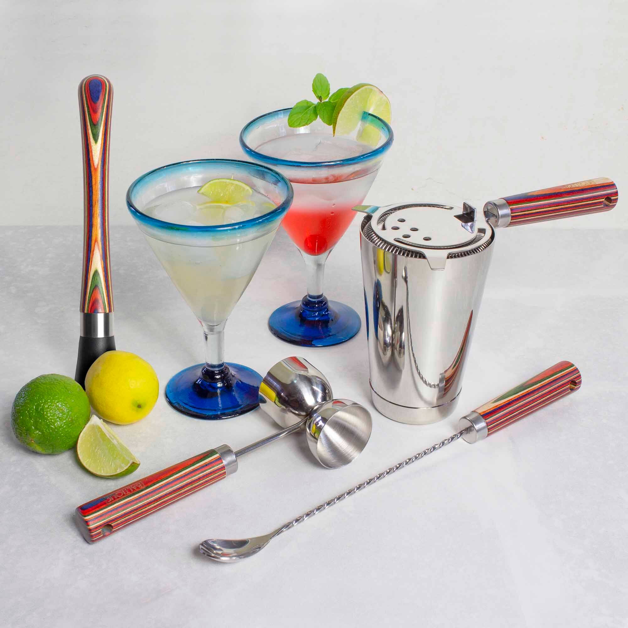 Angle. Baltique - Marrakesh Collection 4-Piece Bartending Kit - Red, Blue, Green, Orange.