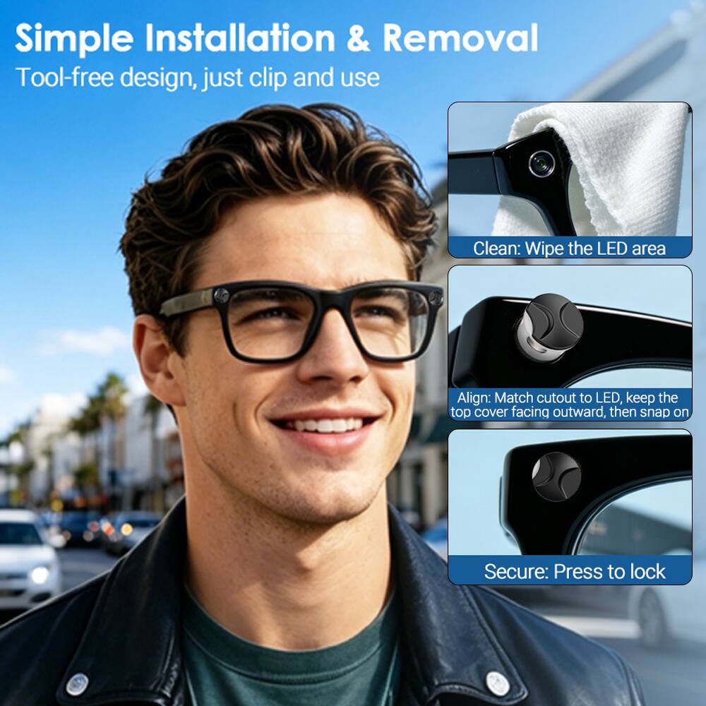 Simple Installation & Removal  
Tool-free design, just clip and use  

Clean: Wipe the LED area  

Align: Match cutout to LED, keep the top cover facing outward, then snap on  

Secure: Press to lock