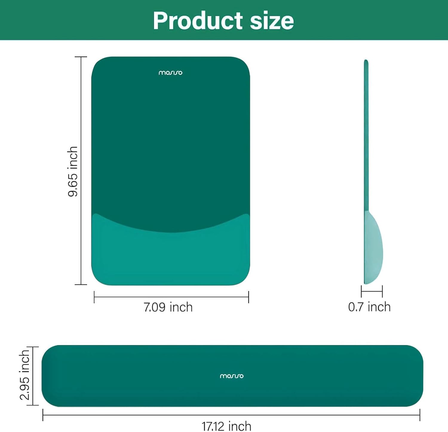 Product size: 9.65 inch x 7.09 inch x 0.7 inch, 2.95 inch x 17.12 inch