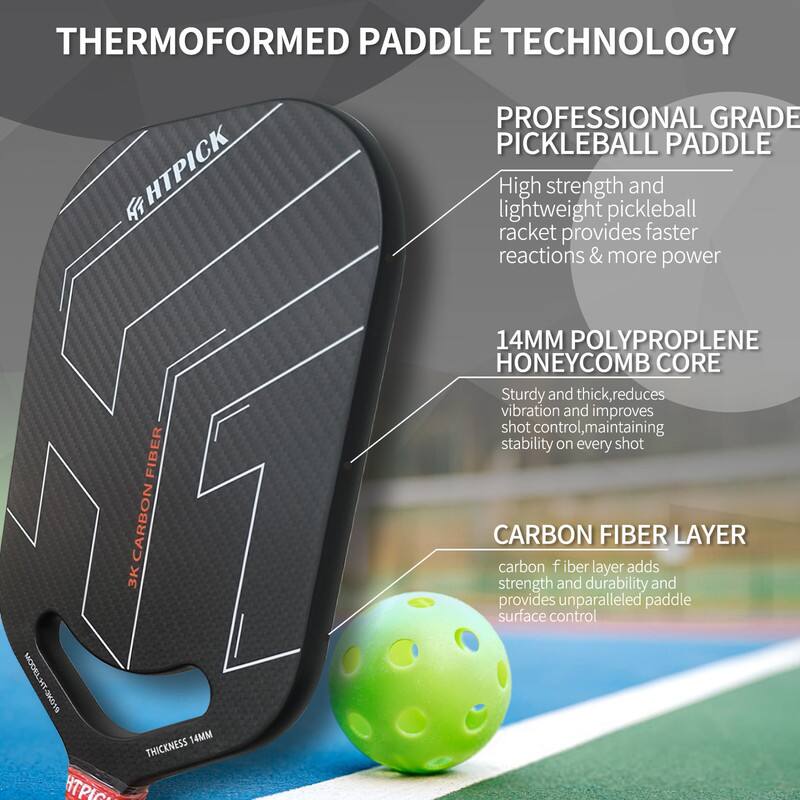 **THERMOFORMED PADDLE TECHNOLOGY**

**PROFESSIONAL GRADE PICKLEBALL PADDLE**

- High strength and lightweight pickleball racket provides faster reactions & more power

**14MM POLYPROPYLENE HONEYCOMB CORE**

- Sturdy and thick, reduces vibration and improves shot control, maintaining stability on every shot

**CARBON FIBER LAYER**

- Carbon fiber layer adds strength and durability and provides unparalleled paddle surface control

**HTPICK**

- 3K CARBON FIBER
- THICKNESS 14MM