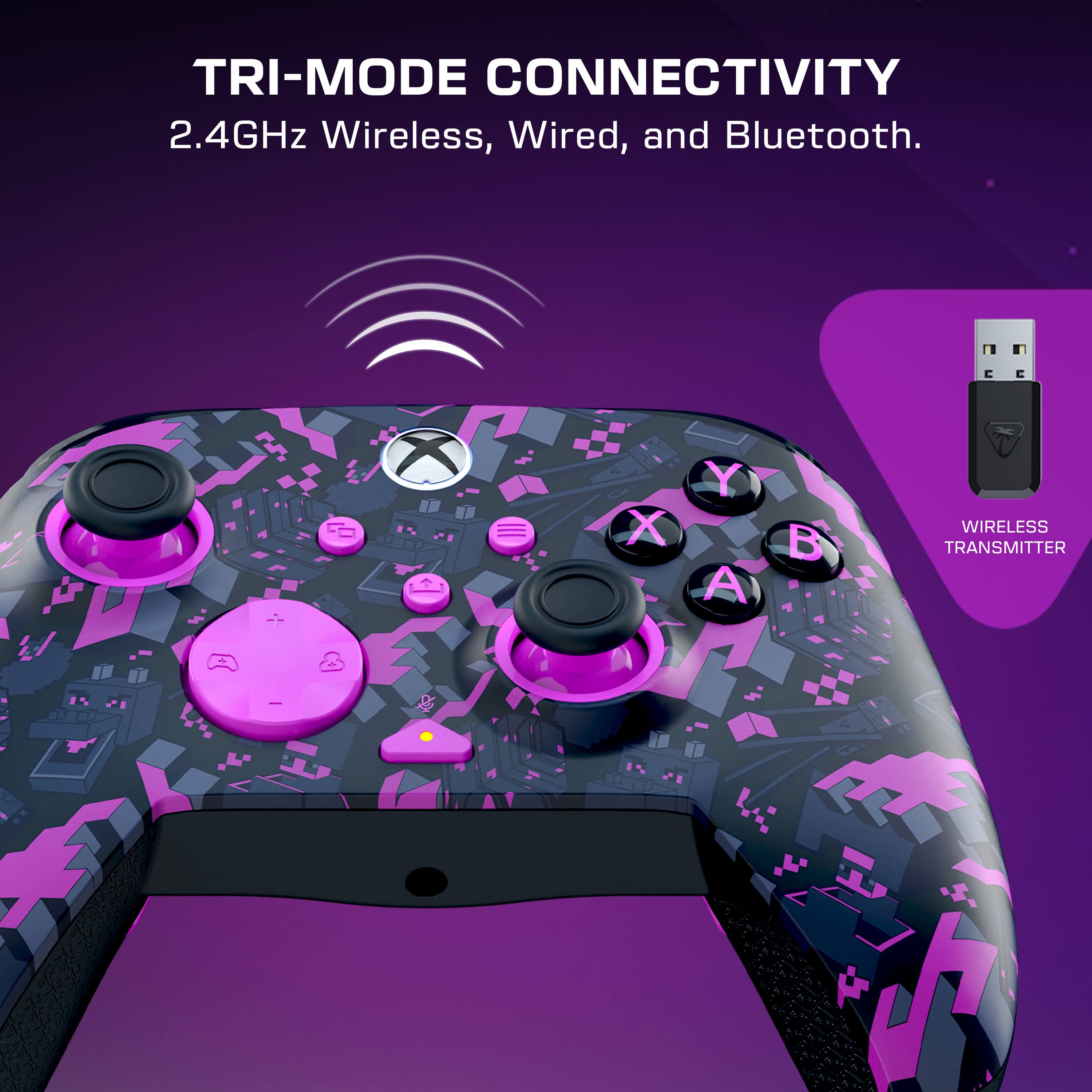 TRI-MODE CONNECTIVITY  
2.4GHz Wireless, Wired, and Bluetooth.  

WIRELESS TRANSMITTER