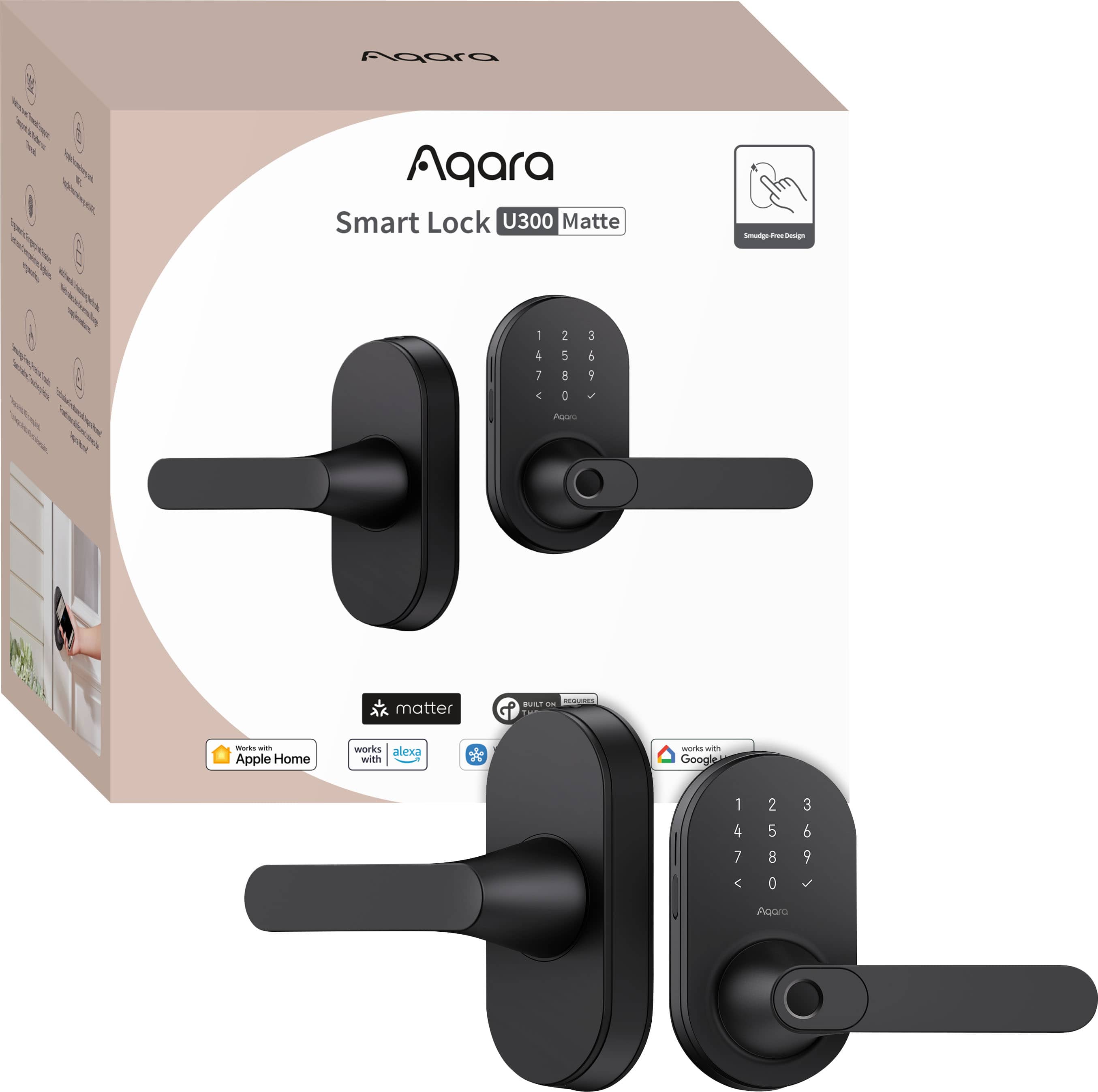 Adara Smart Lock U300 Matte Black - Smart Lock for Apple Home and Google Assistant - Works with Alexa and Google Assistant - No physical key required - 1 touch 4-7-4-2-5-8-0-3-6-9