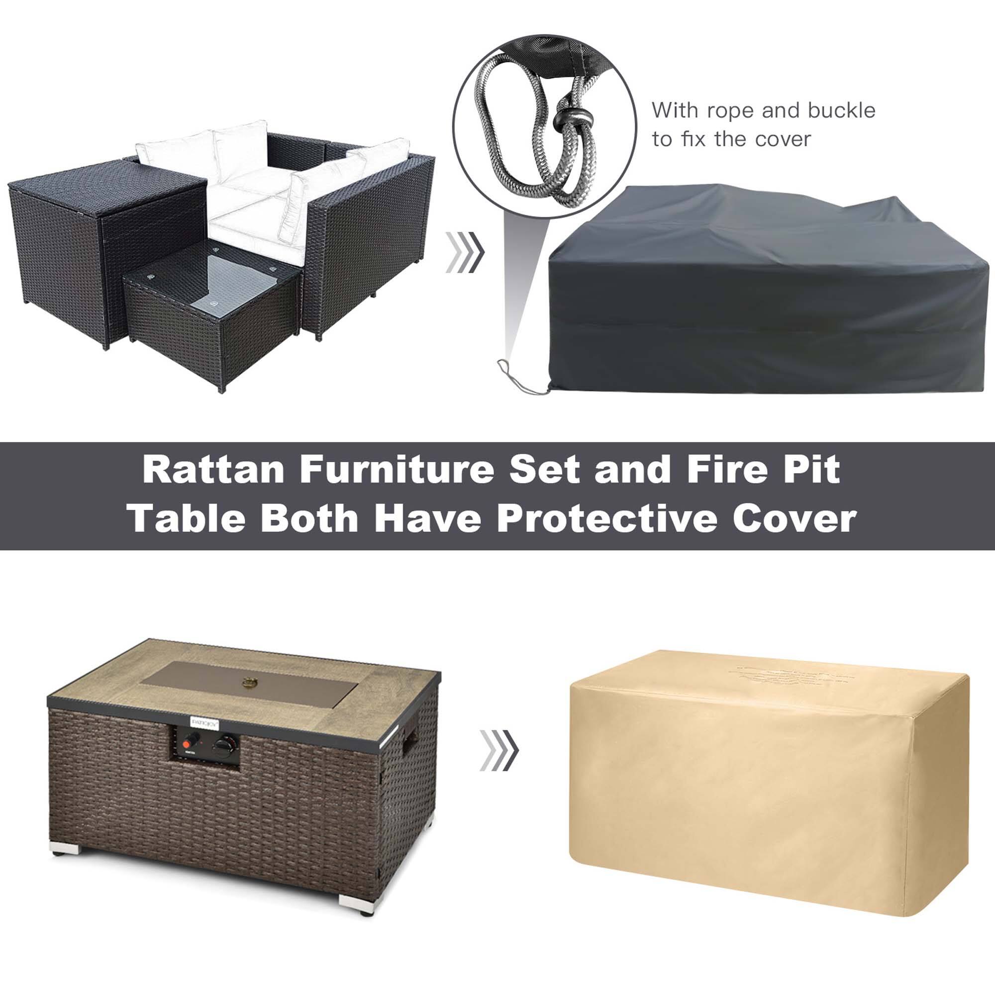 Rattan Furniture Set and Fire Pit Table Both Have Protective Cover

With rope and buckle to fix the cover