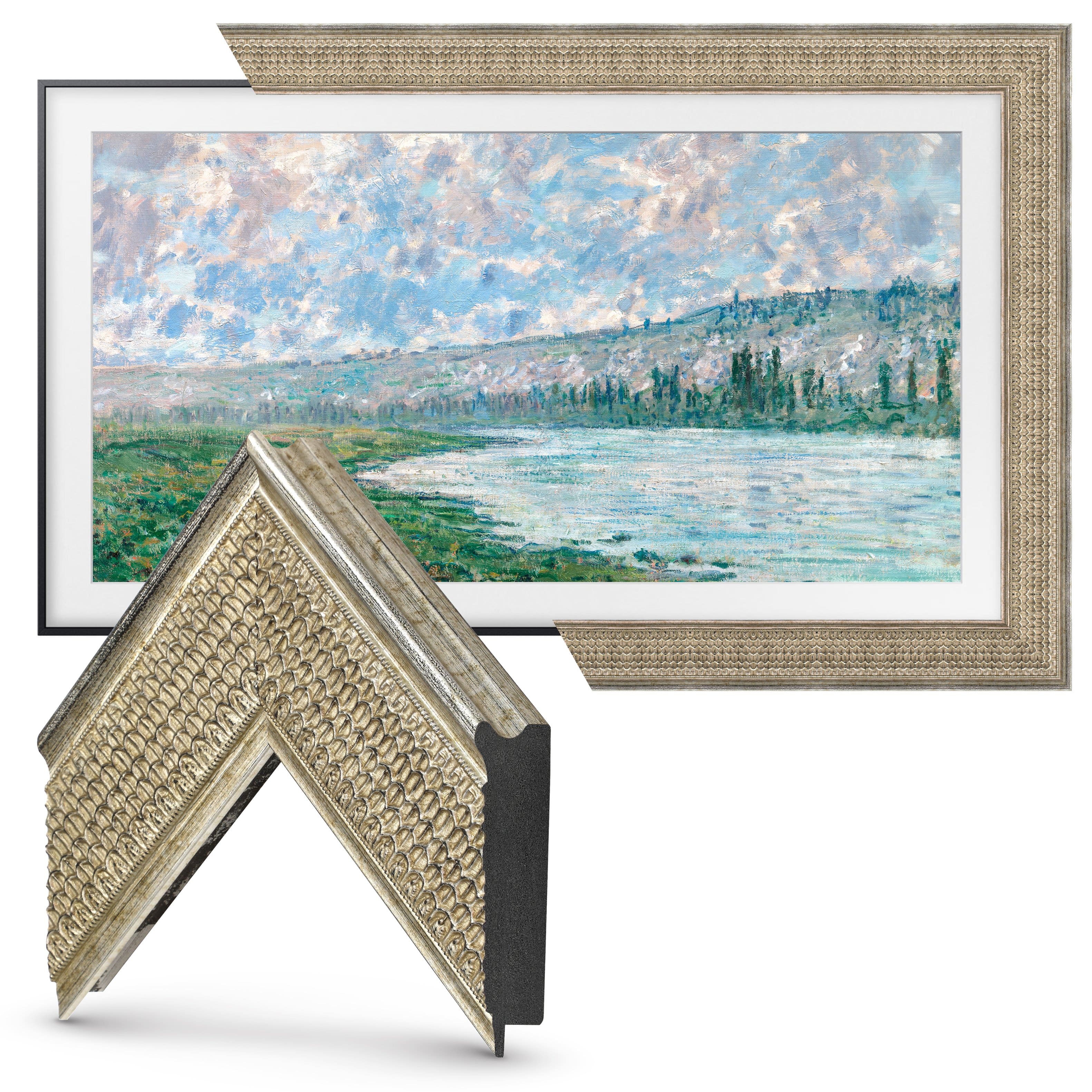 Left. Deco TV Frames - Premiere Bezel for Samsung the Frame TV - 85" - Gatsby Silver.