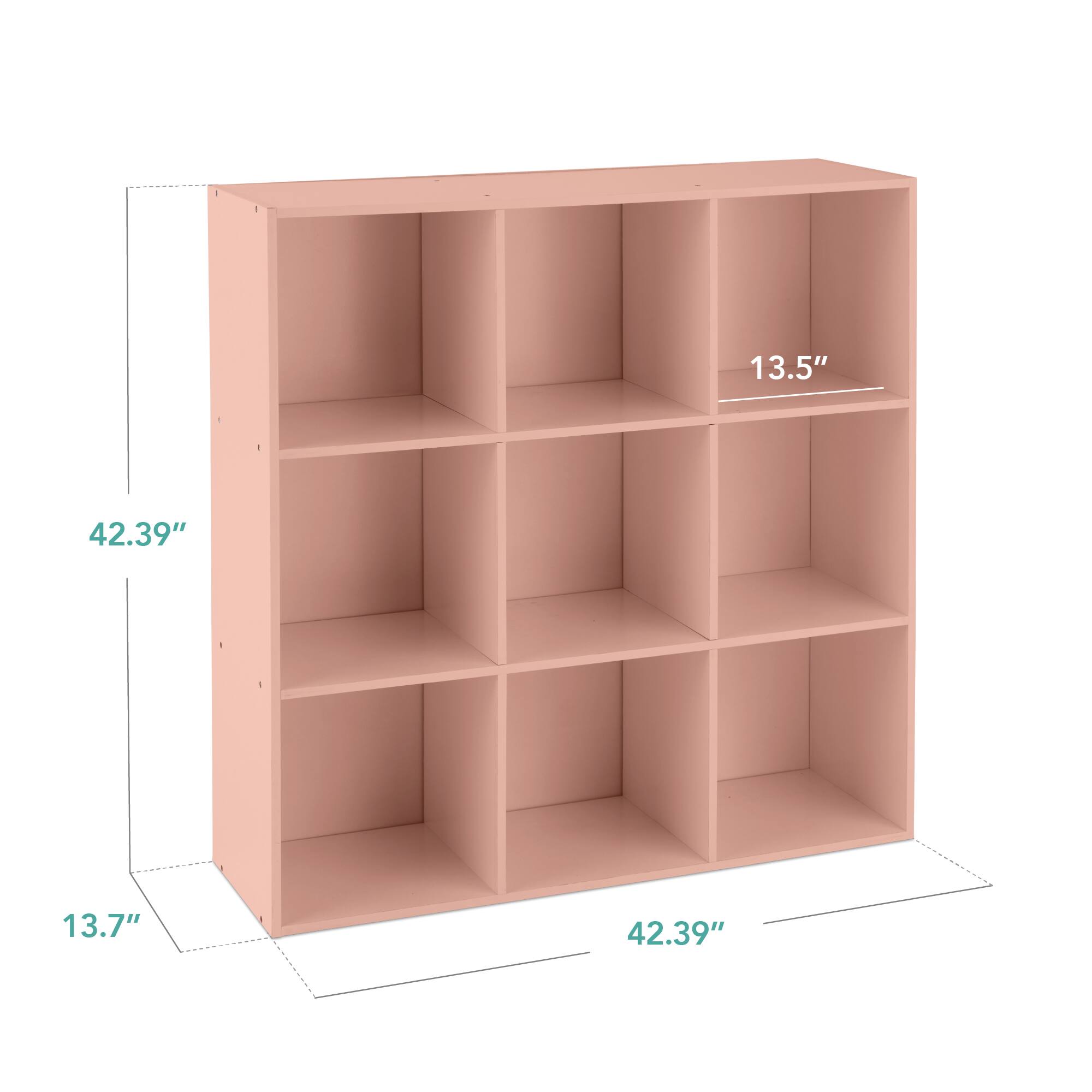The dimensions of the shelf are:

- Height: 42.39"
- Width: 42.39"
- Depth: 13.7"