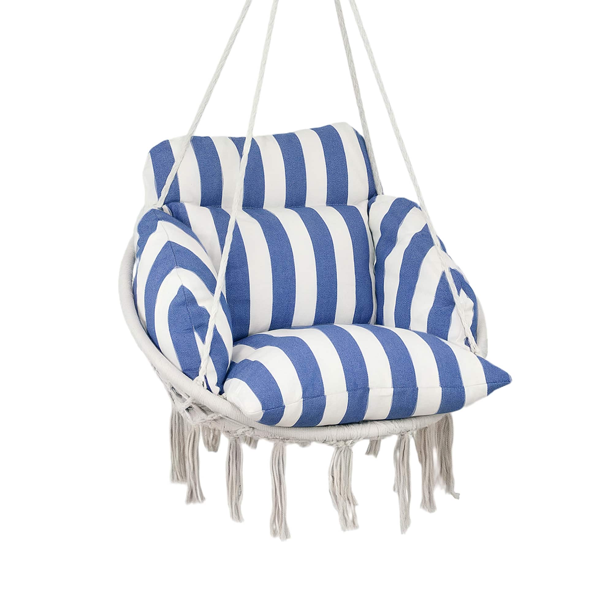 Outsunny - Hammock Swing Chair, Outdoor Hanging Chair with Large Cushion, Cotton Rope Weaving Macrame Swing with Chain - Blue and White
