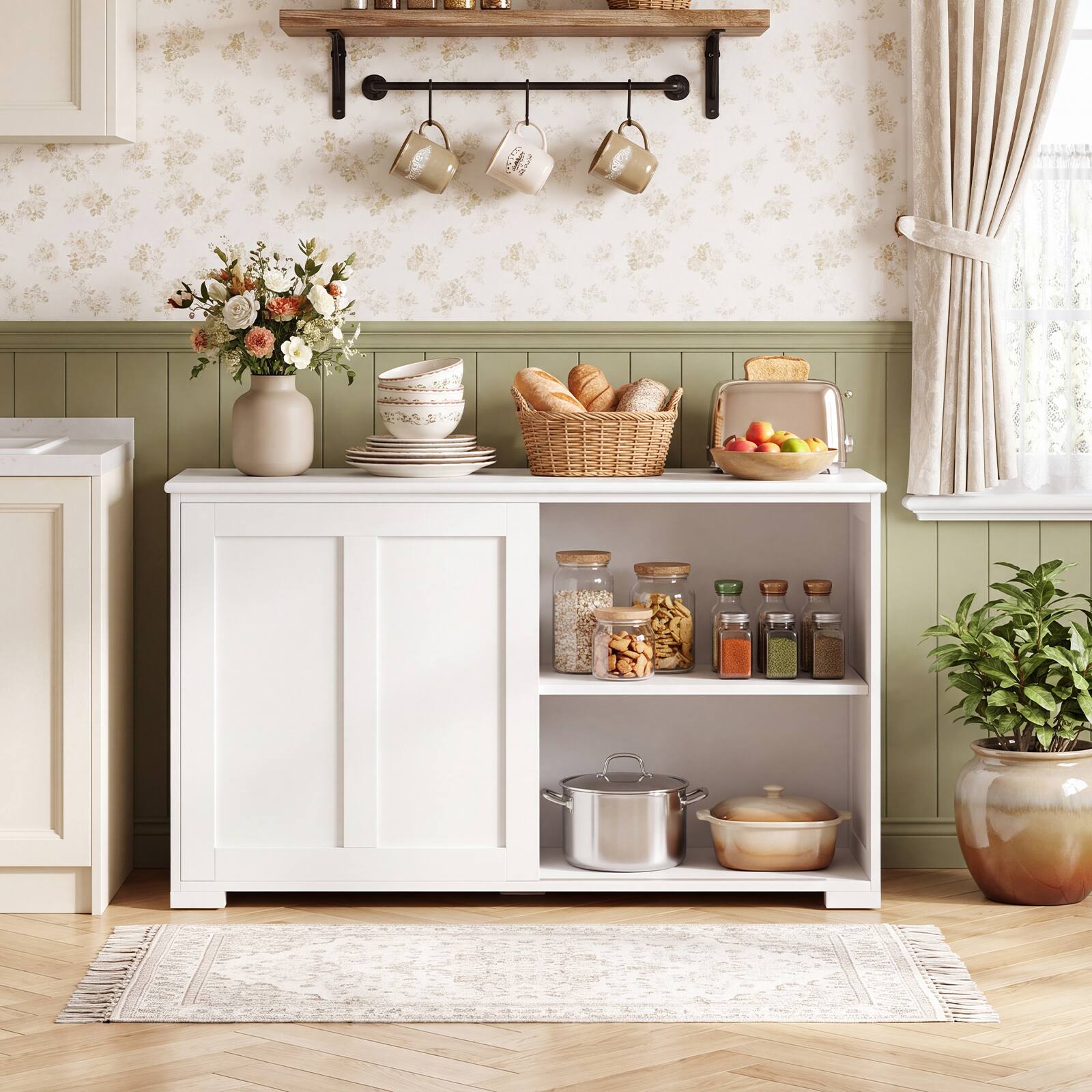 Alt View 3. Costway - Costway Kitchen Storage Cabinet Sideboard Buffet Cupboard Wood Sliding Door Pantry - White.