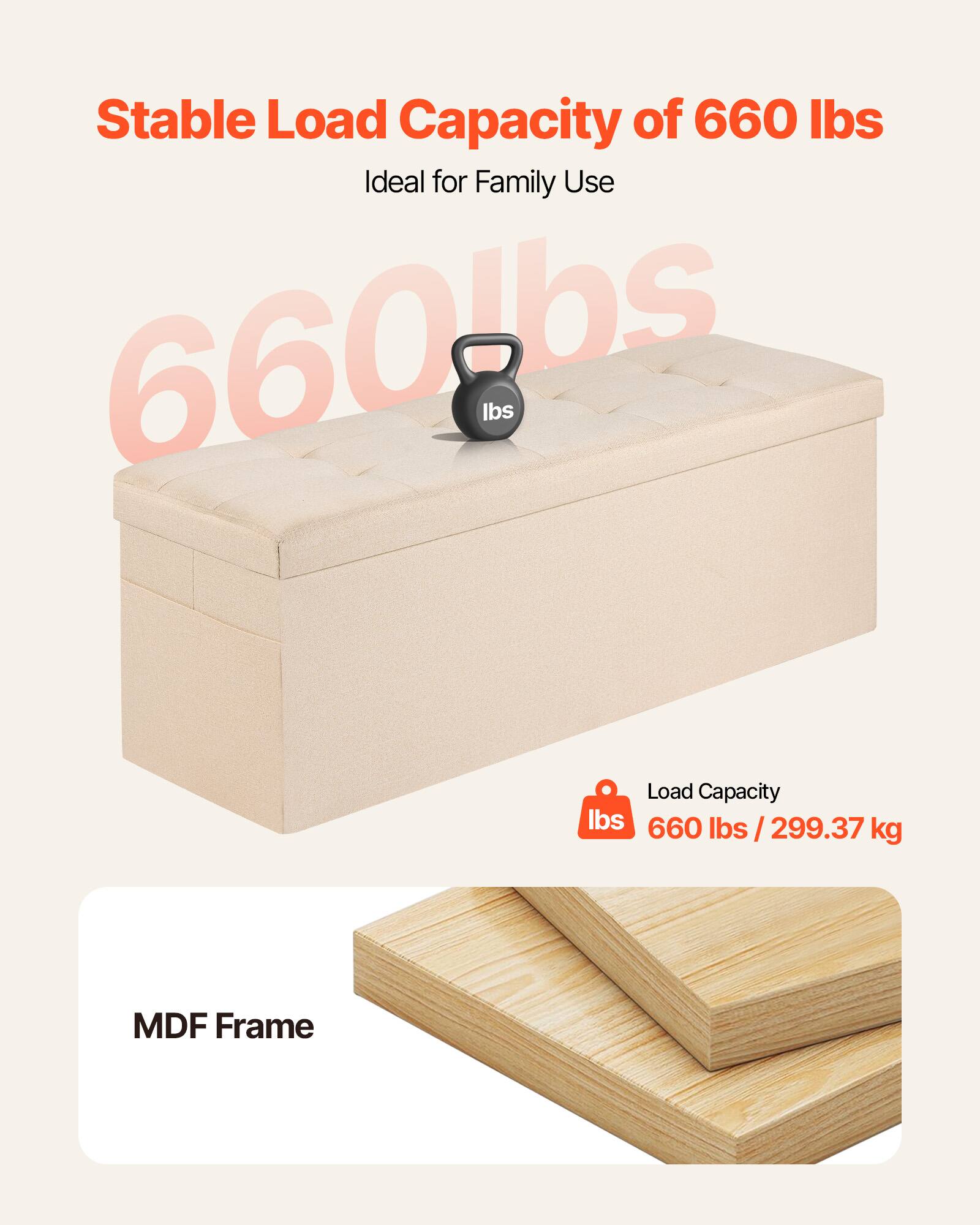 Stable Load Capacity of 660 lbs  
Ideal for Family Use  

660 lbs / 299.37 kg  

MDF Frame